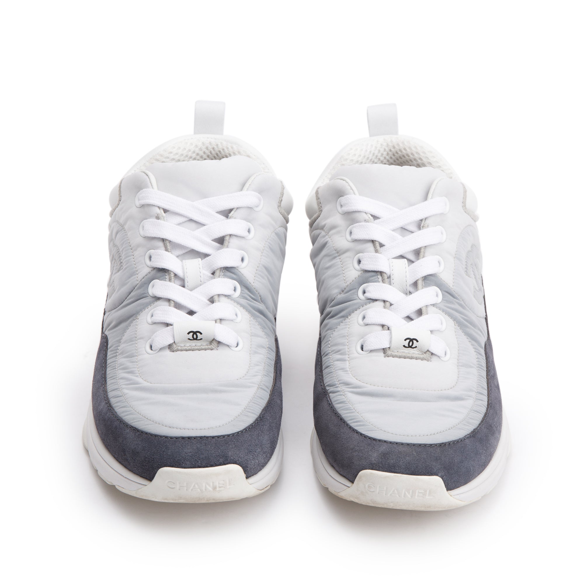 Chanel Grey/White Calfskin Nylon Suede CC Logo Sneakers, Size 37 w/ Box