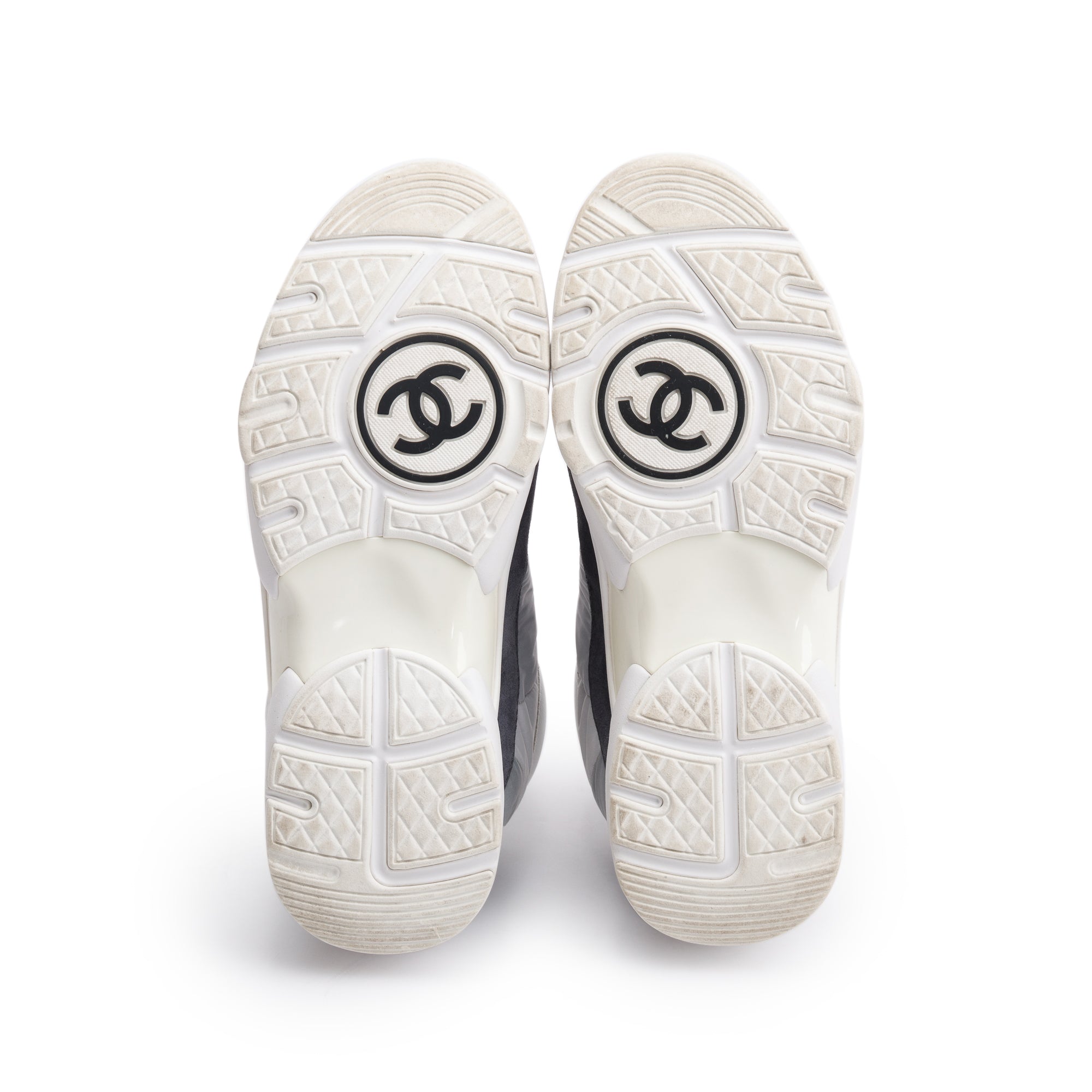Chanel Grey/White Calfskin Nylon Suede CC Logo Sneakers, Size 37 w/ Box