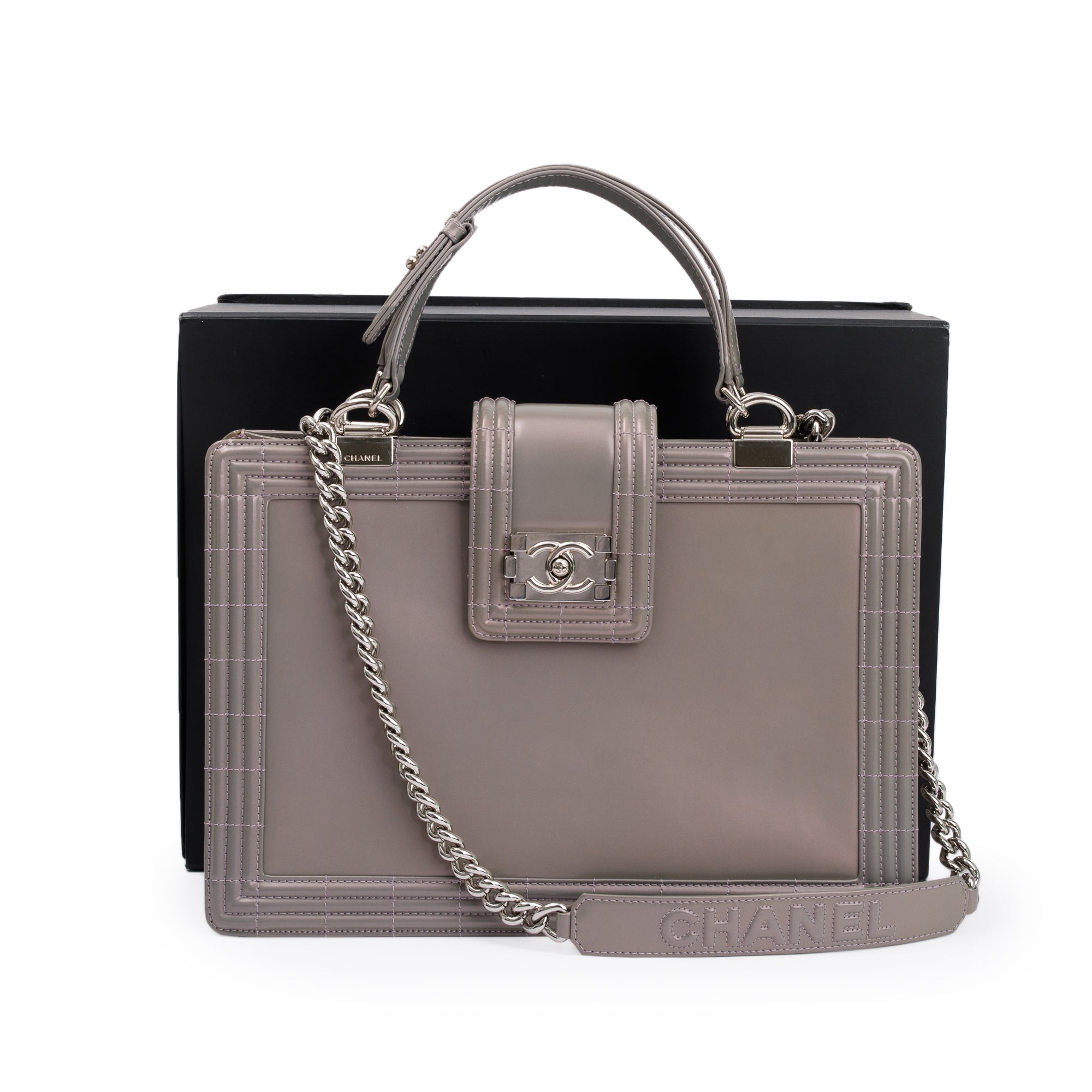 Chanel Iridescent Patent Leather Reverso Boy Shopping Tote w/ Box