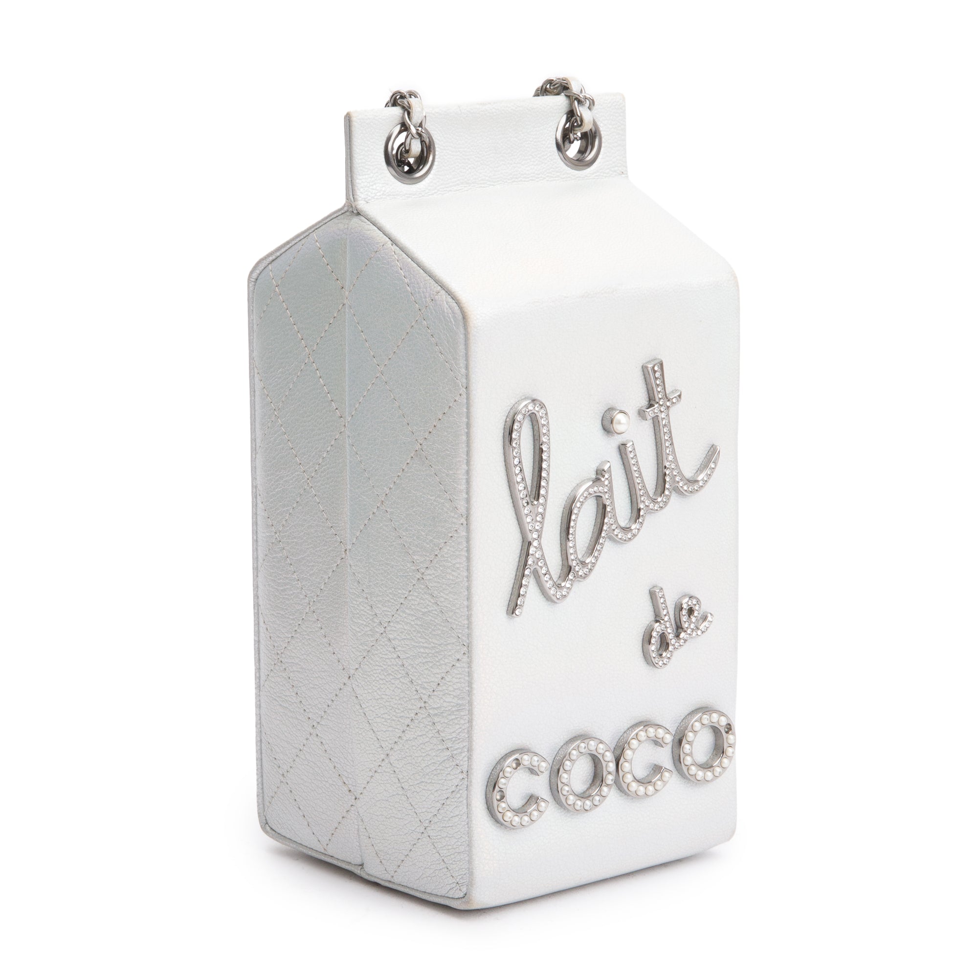 Chanel Iridescent Silver Goatskin Leather Faux Pearl & Strass Lait de Coco Milk Carton Bag