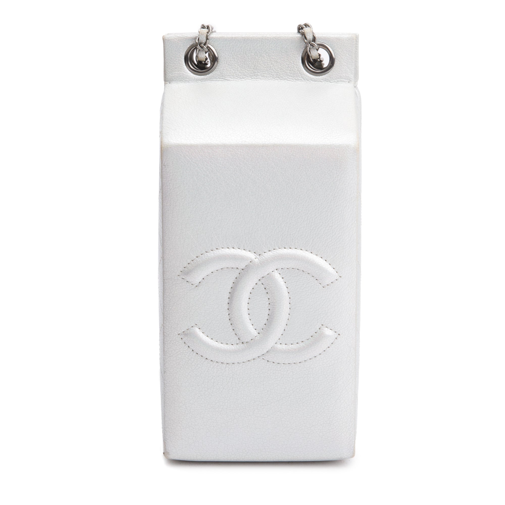 Chanel Iridescent Silver Goatskin Leather Faux Pearl & Strass Lait de Coco Milk Carton Bag