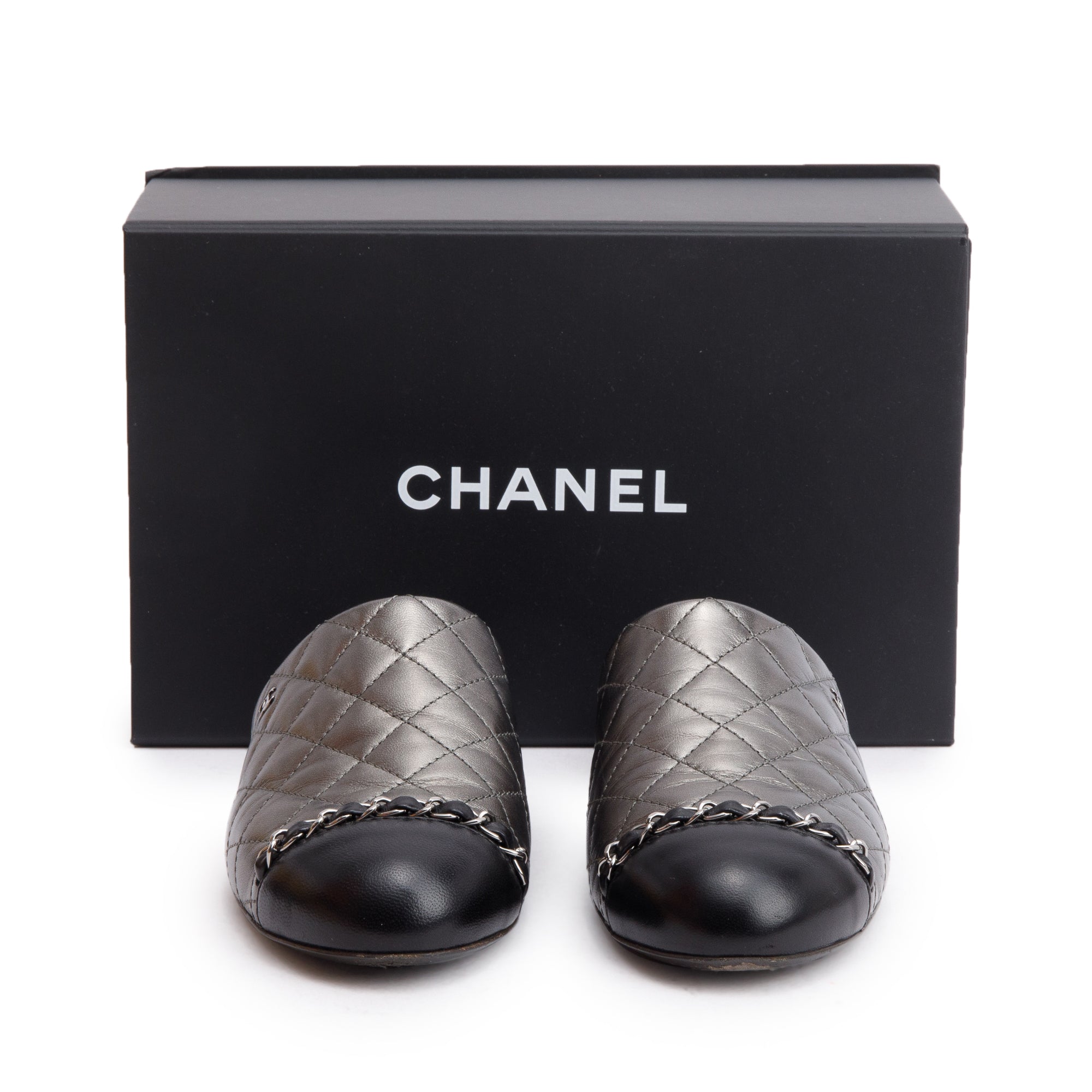 Chanel Iridescent Silver Quilted Calfskin Leather Interlocking CC Logo Mules, Size 36 w/ Box