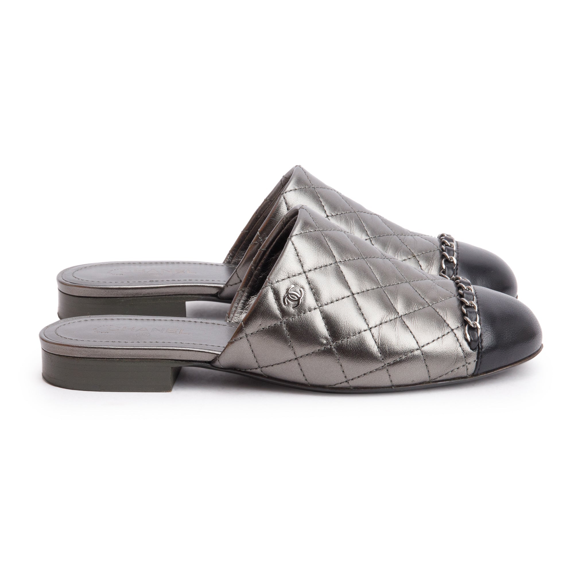 Chanel Iridescent Silver Quilted Calfskin Leather Interlocking CC Logo Mules, Size 36 w/ Box