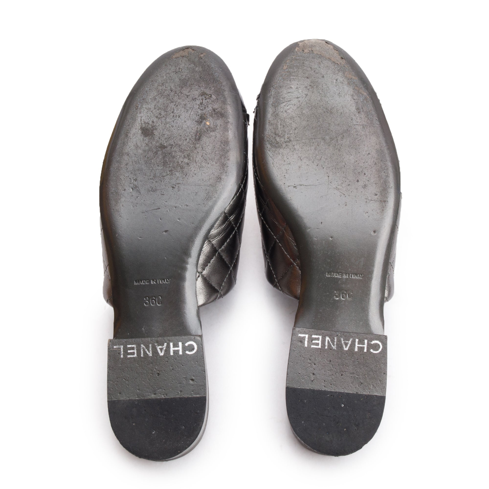 Chanel Iridescent Silver Quilted Calfskin Leather Interlocking CC Logo Mules, Size 36 w/ Box