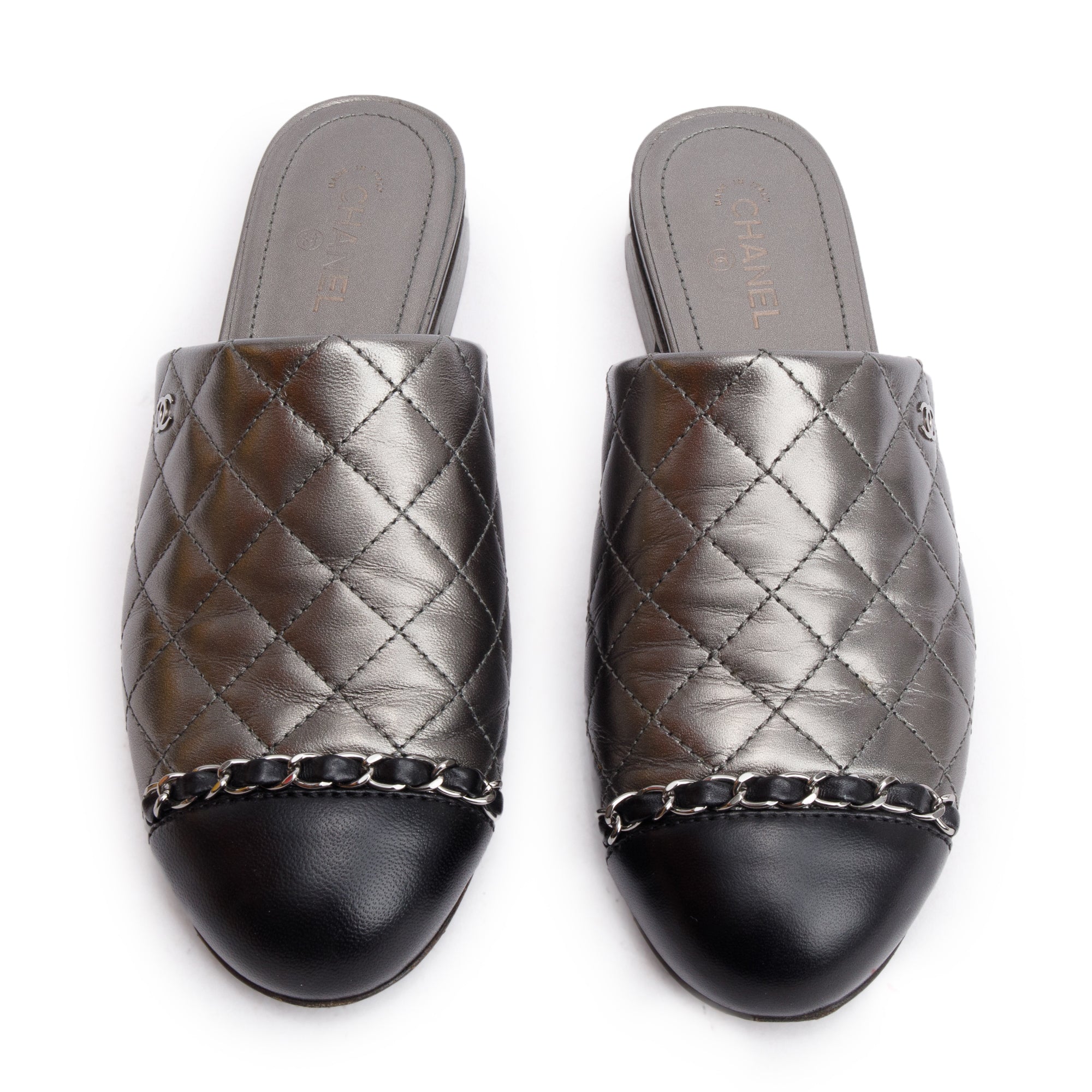 Chanel Iridescent Silver Quilted Calfskin Leather Interlocking CC Logo Mules, Size 36 w/ Box