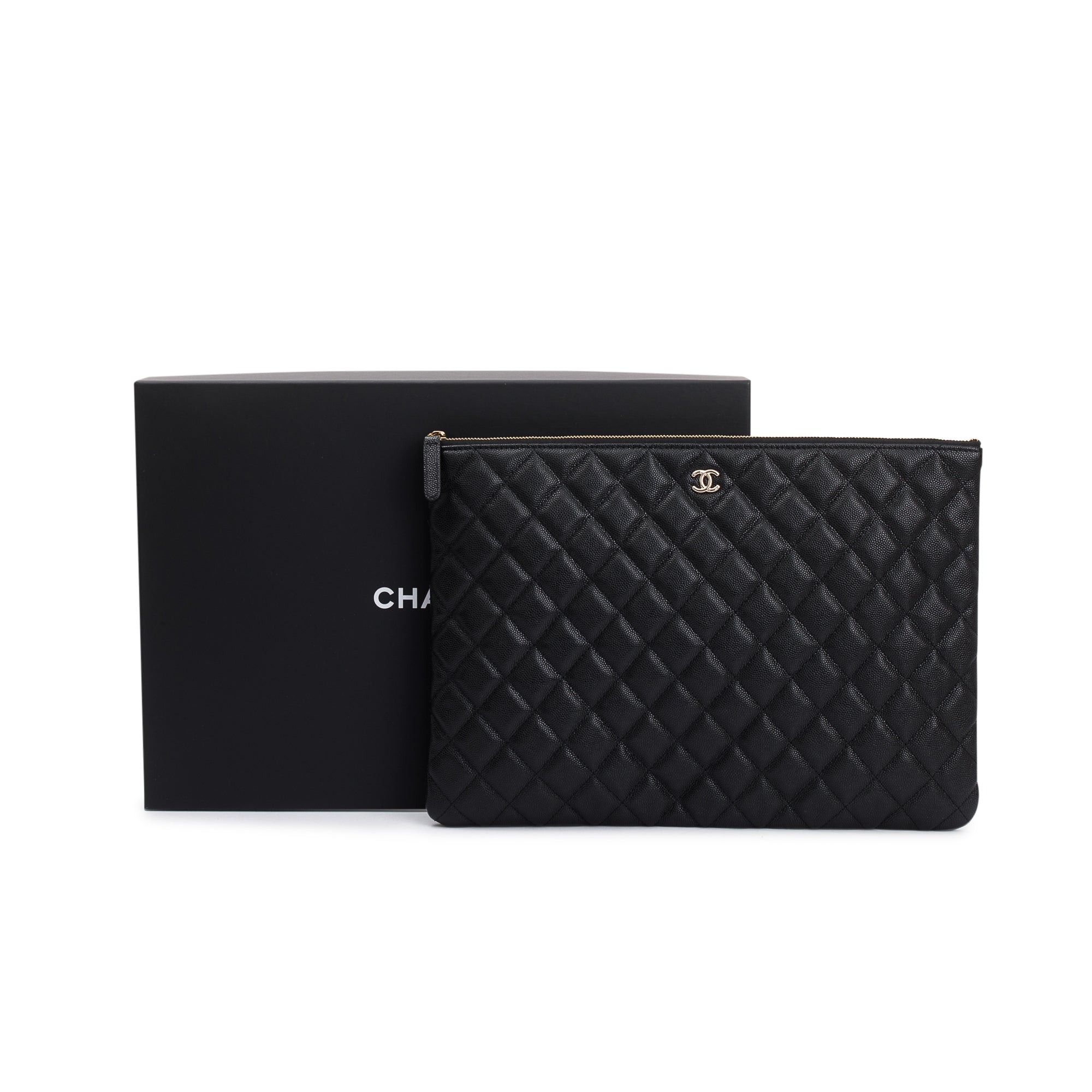 Chanel Large Quilted Caviar Leather O-Case Clutch w/ Box, Receipt & Authenticity Card