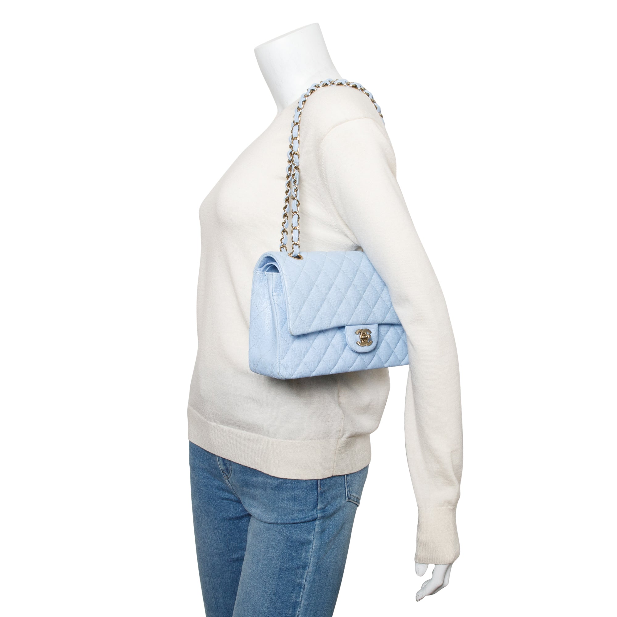 Chanel Light Blue Quilted Caviar Leather Classic Medium Double Flap Bag w/ Box