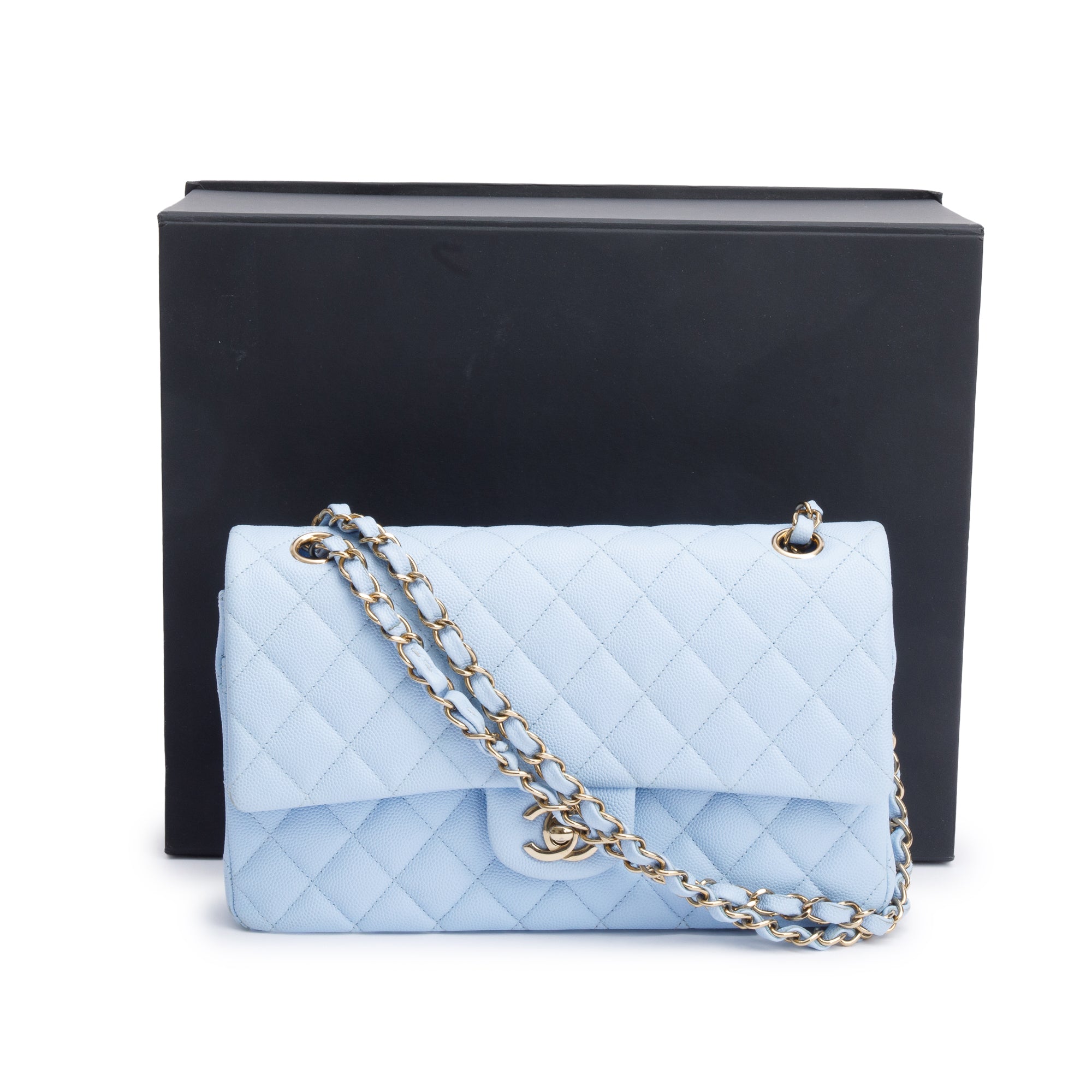 Chanel Light Blue Quilted Caviar Leather Classic Medium Double Flap Bag w/ Box