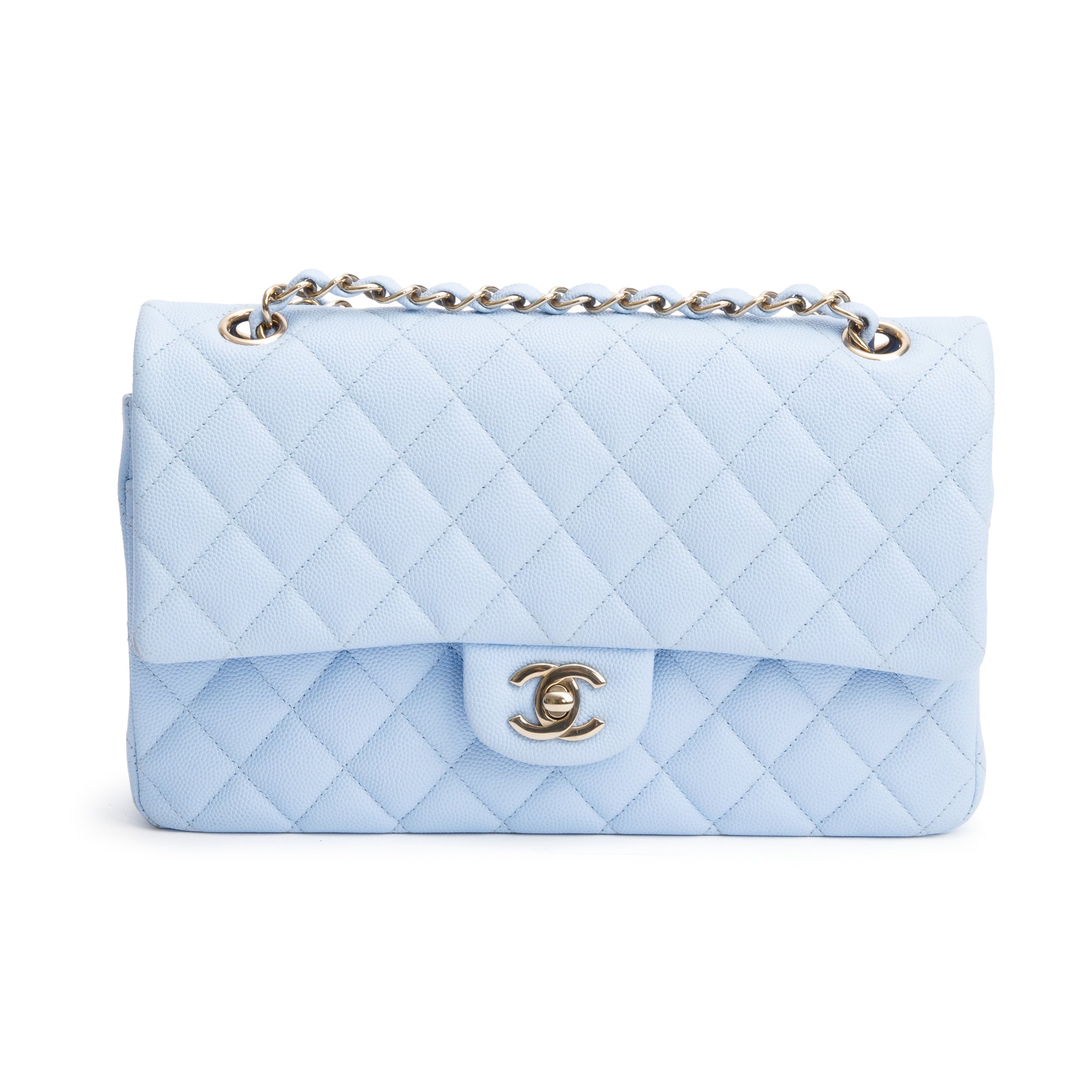 Chanel Light Blue Quilted Caviar Leather Classic Medium Double Flap Bag w/ Box