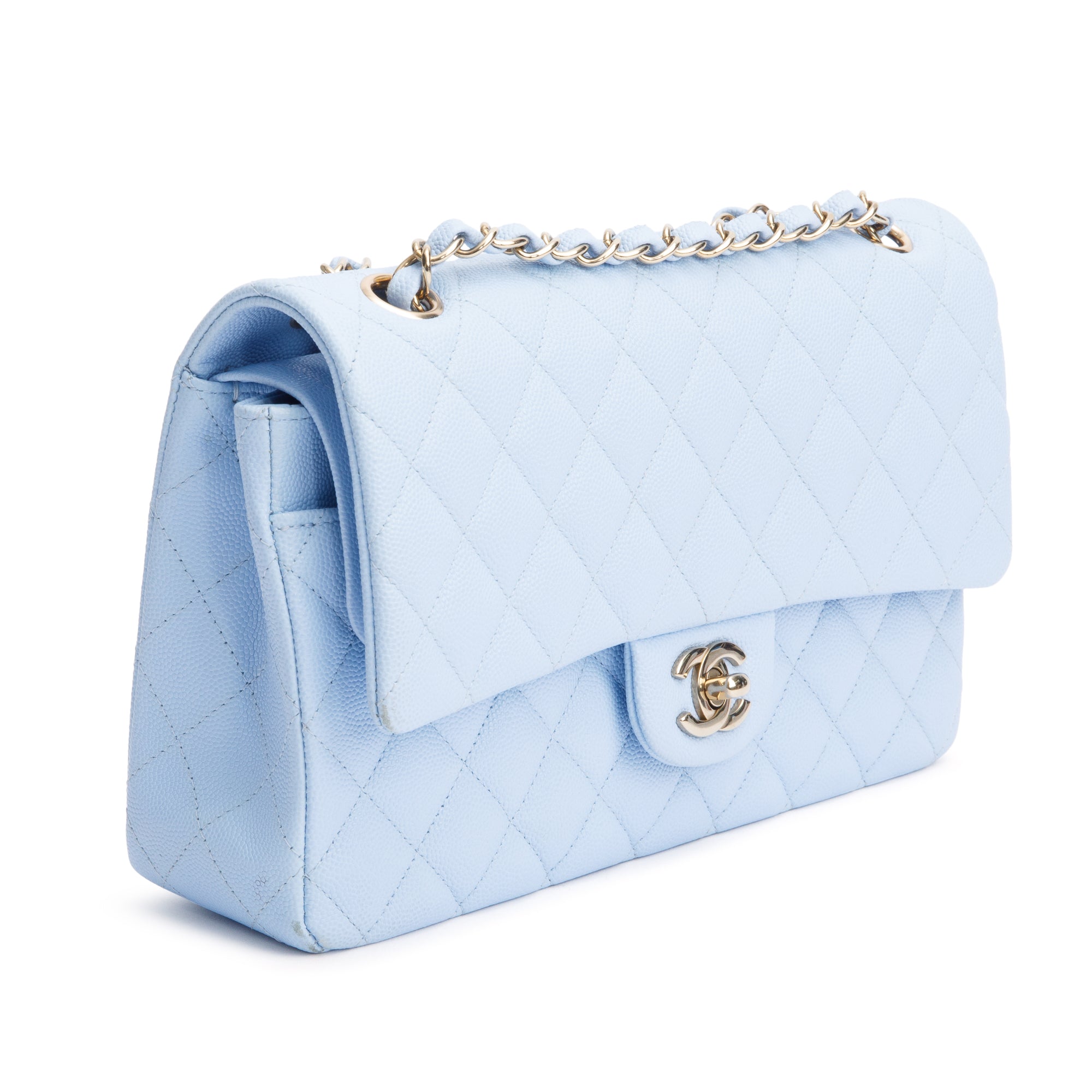 Chanel Light Blue Quilted Caviar Leather Classic Medium Double Flap Bag w/ Box