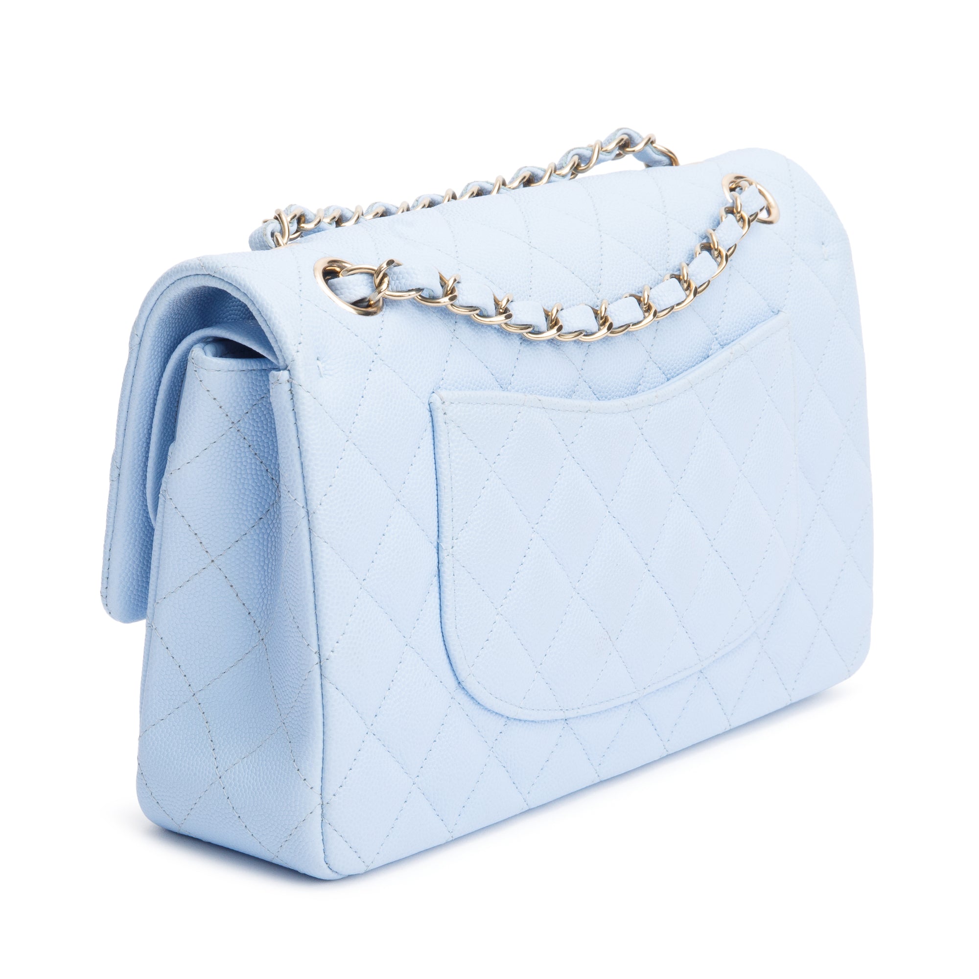 Chanel Light Blue Quilted Caviar Leather Classic Medium Double Flap Bag w/ Box