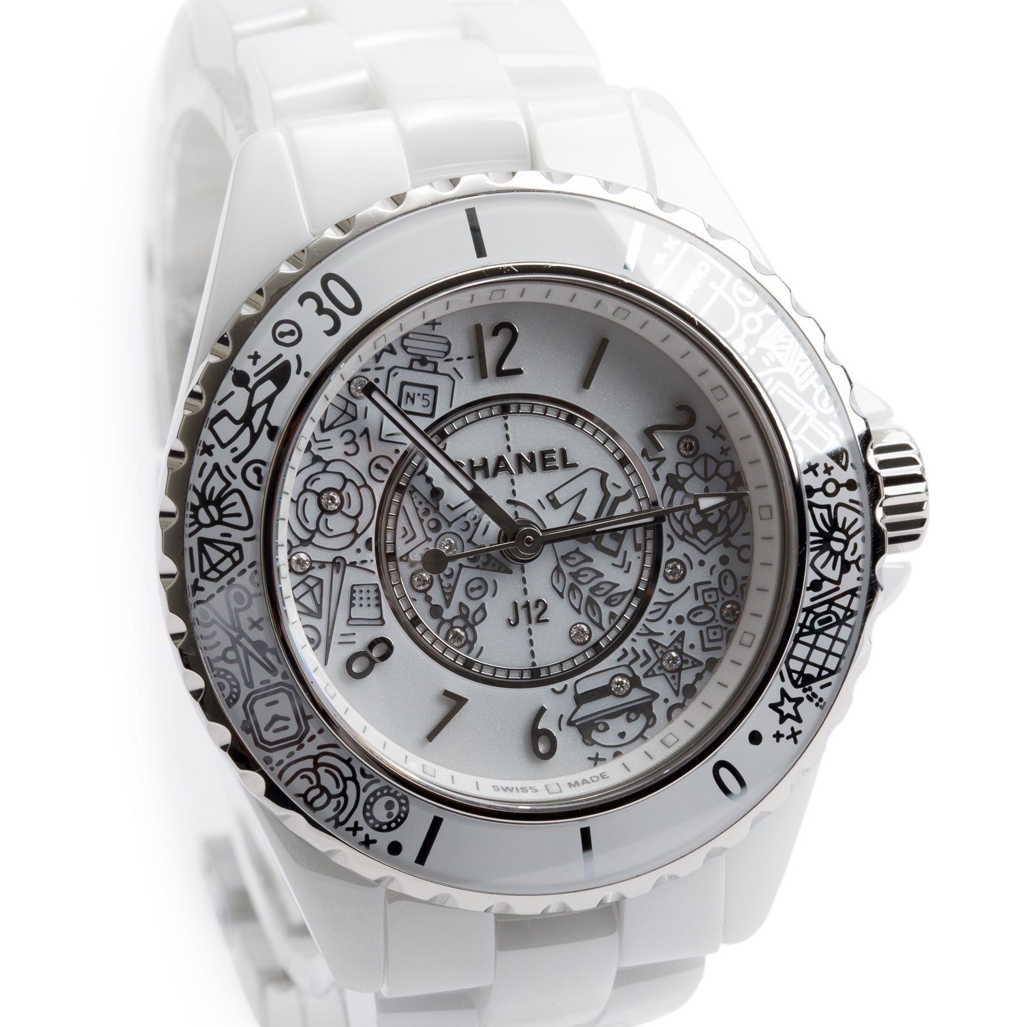 Chanel Limited Edition White Ceramic 33 MM J12 Diamond Dial Watch H6477 w/ Box & Papers