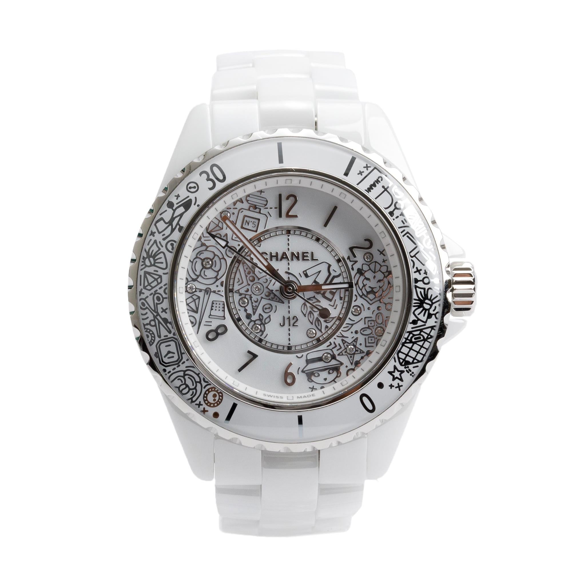 Chanel Limited Edition White Ceramic 33 MM J12 Diamond Dial Watch H6477 w/ Box & Papers