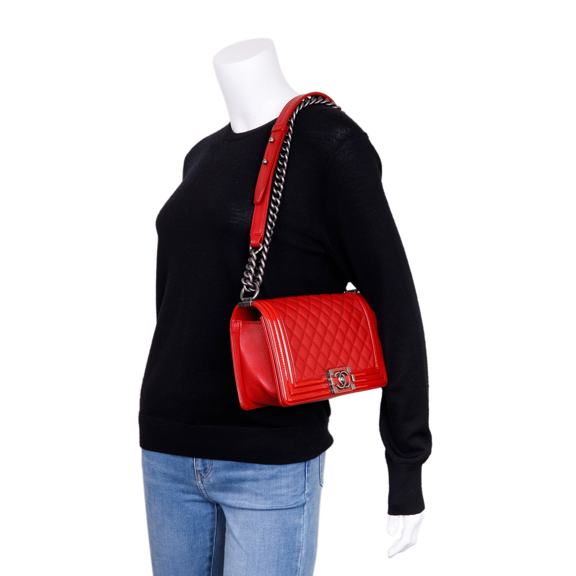 Chanel Medium Patent Leather Trimmed Boy Bag