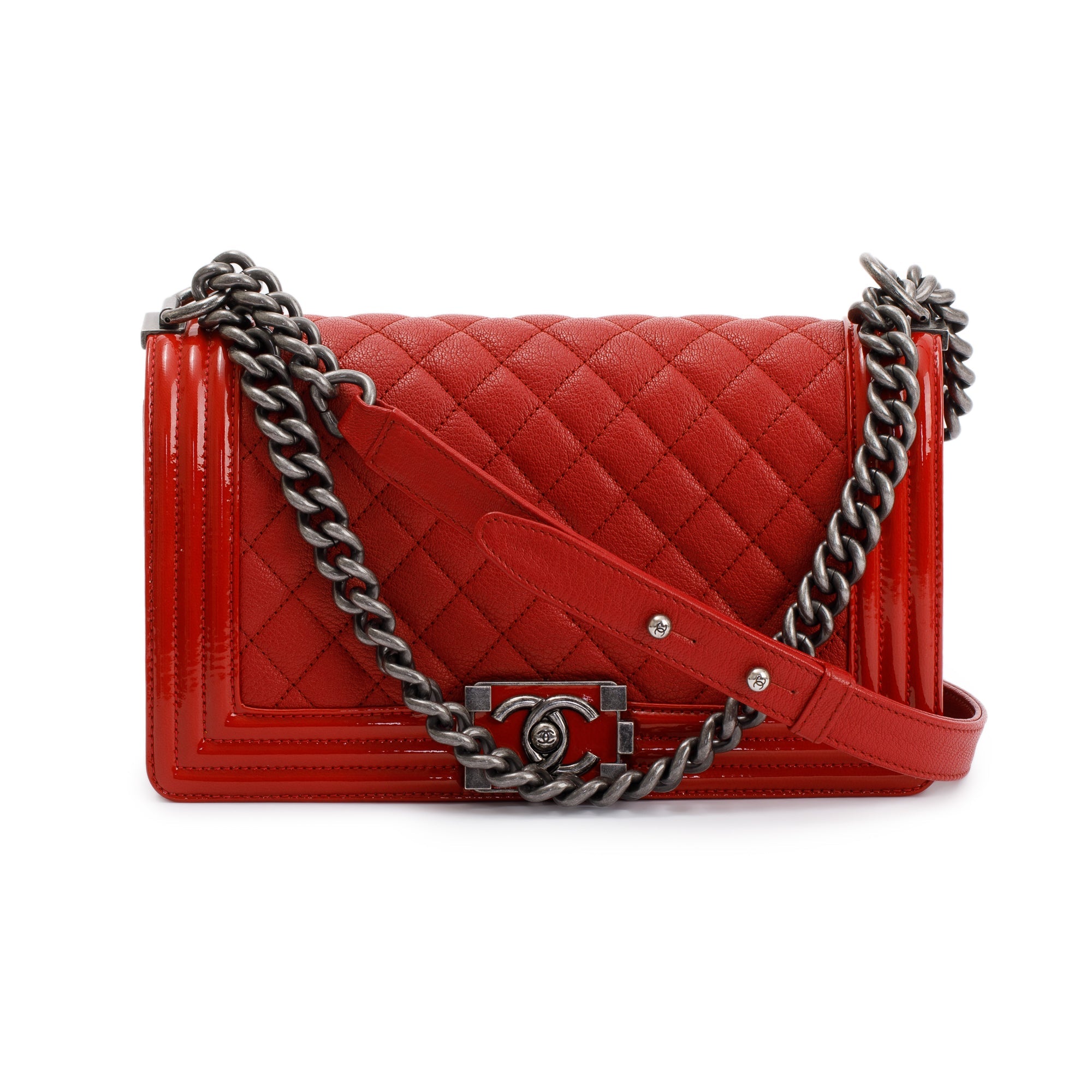 Chanel Medium Patent Leather Trimmed Boy Bag