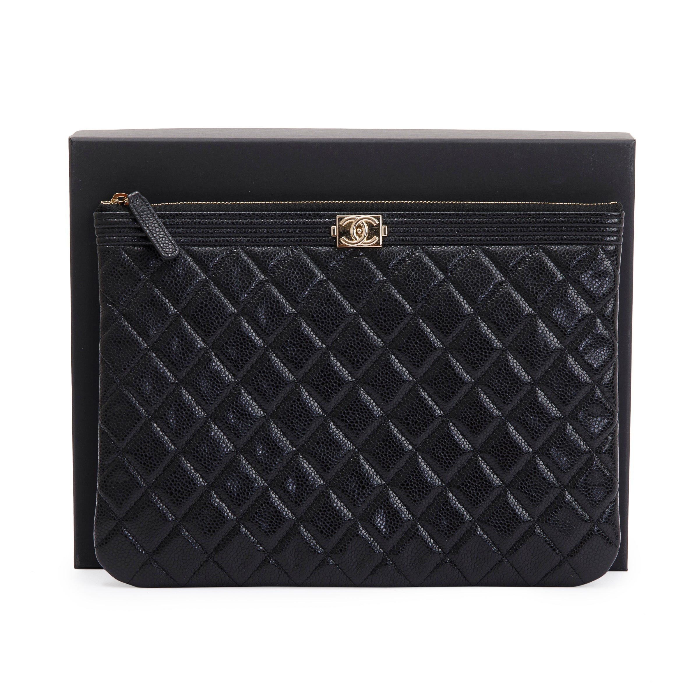 Chanel Medium Quilted Caviar Leather Boy O-Case Clutch w/ Box & Authenticity Card