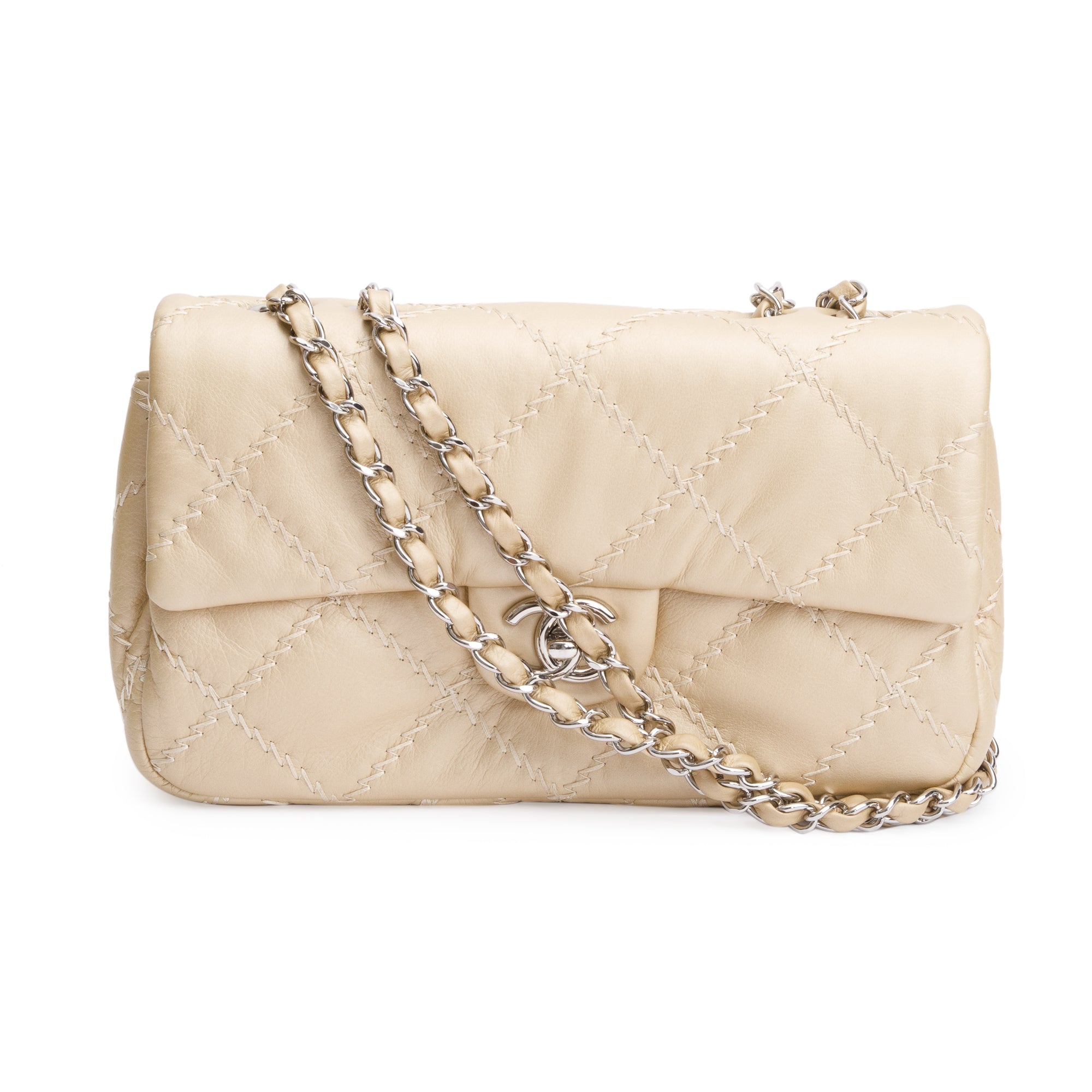 Chanel Metallic Beige Ultimate Stitch Calfskin Leather Flap Bag w 