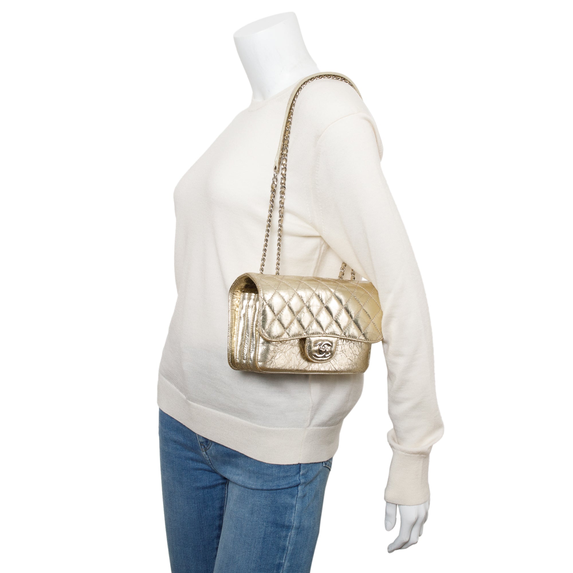 Chanel Metallic Gold Calfskin Leather Small Clams Pocket Flap Bag