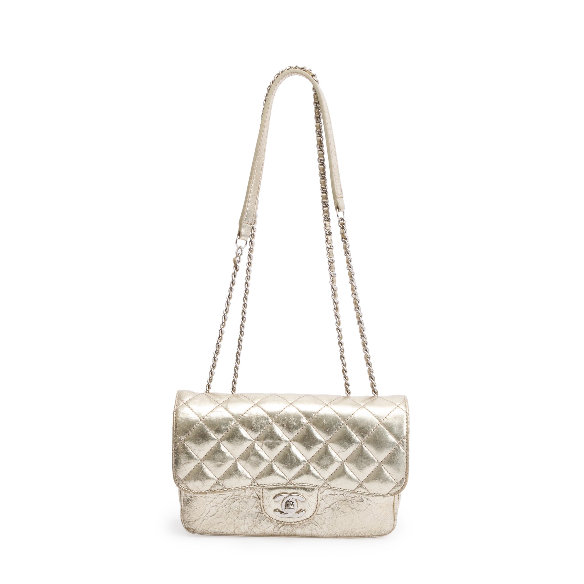 Chanel Metallic Gold Calfskin Leather Small Clams Pocket Flap Bag