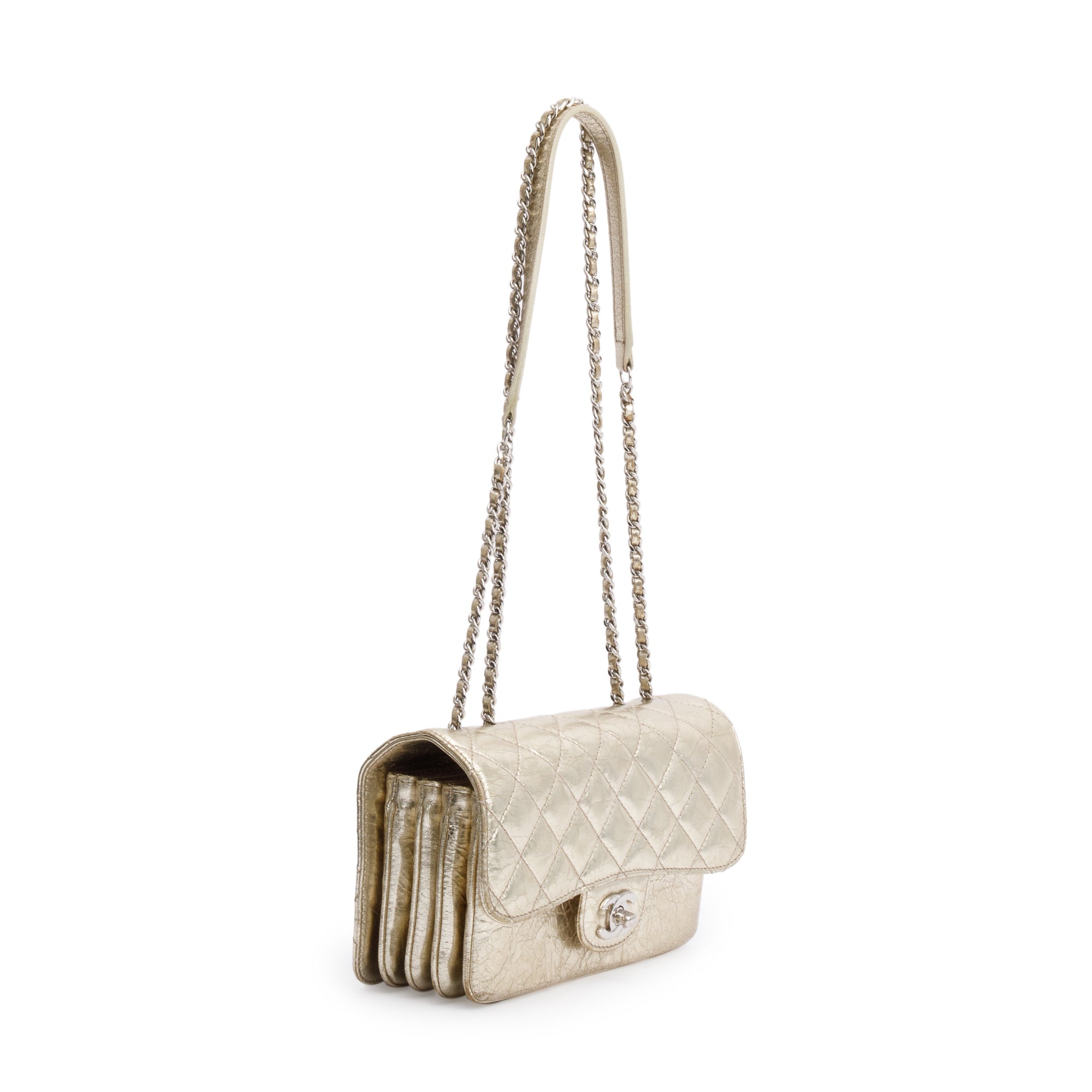Chanel Metallic Gold Calfskin Leather Small Clams Pocket Flap Bag