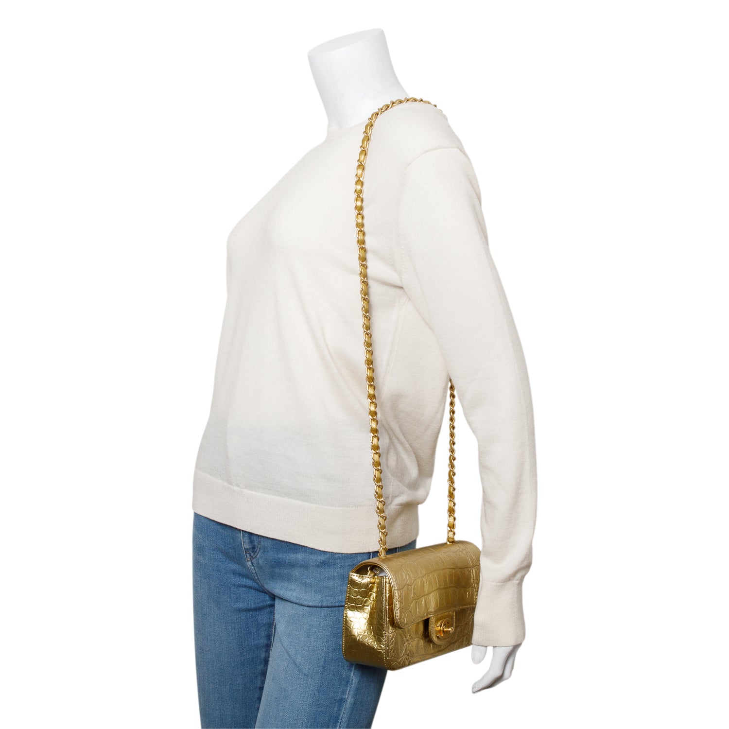 Chanel Metallic Gold Crocodile Embossed Calfskin Leather Classic Mini Rectangular Flap Bag w/ Box & Authenticity Card