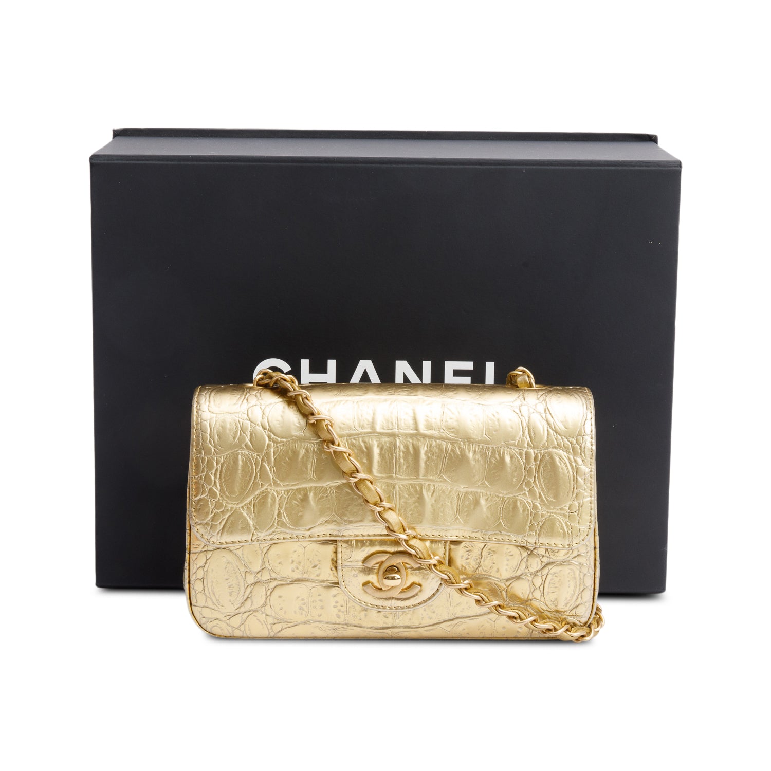 Chanel Metallic Gold Crocodile Embossed Calfskin Leather Classic Mini Rectangular Flap Bag w/ Box & Authenticity Card