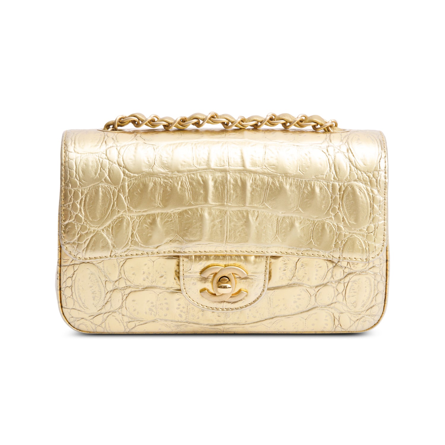 Chanel Metallic Gold Crocodile Embossed Calfskin Leather Classic Mini Rectangular Flap Bag w/ Box & Authenticity Card