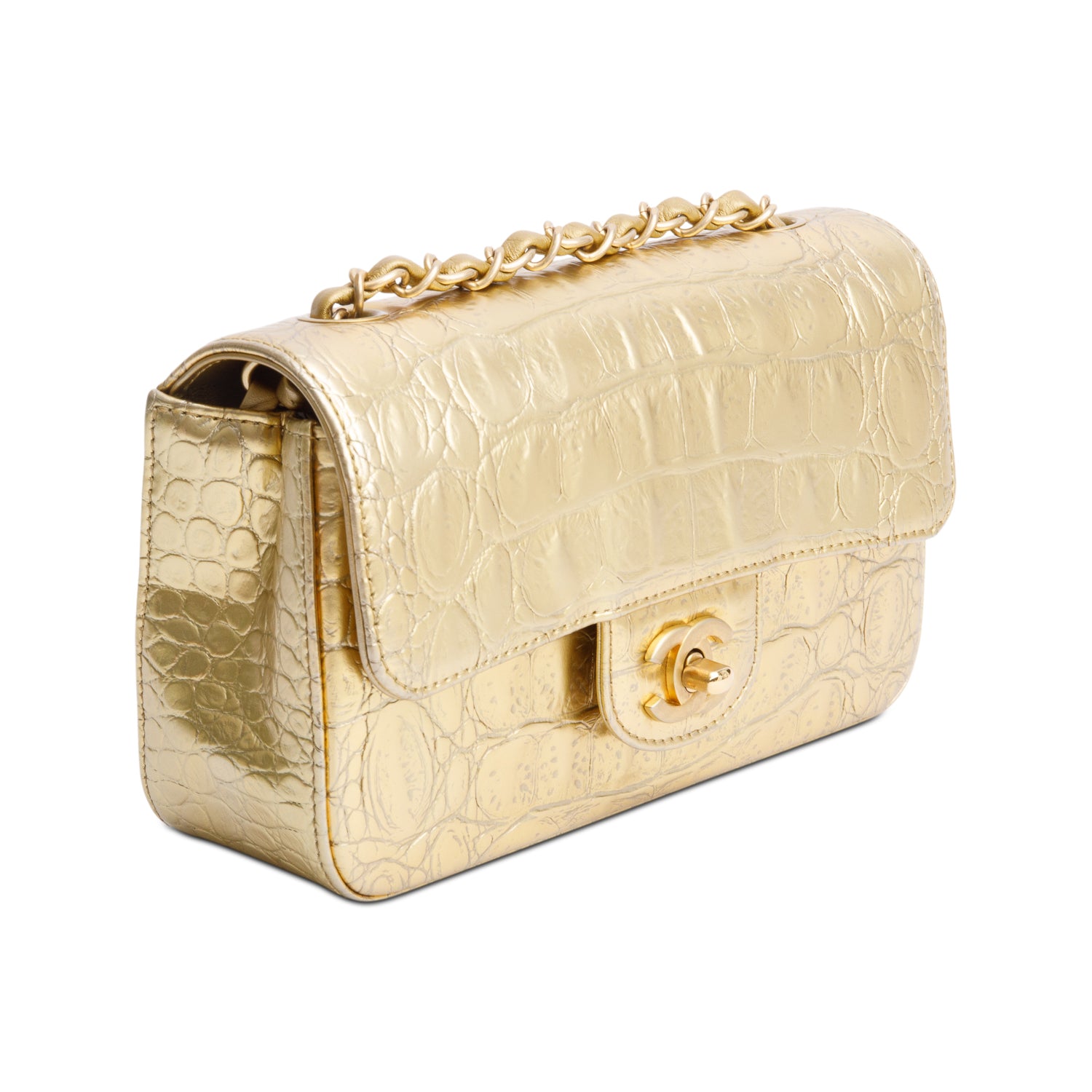 Chanel Metallic Gold Crocodile Embossed Calfskin Leather Classic Mini Rectangular Flap Bag w/ Box & Authenticity Card