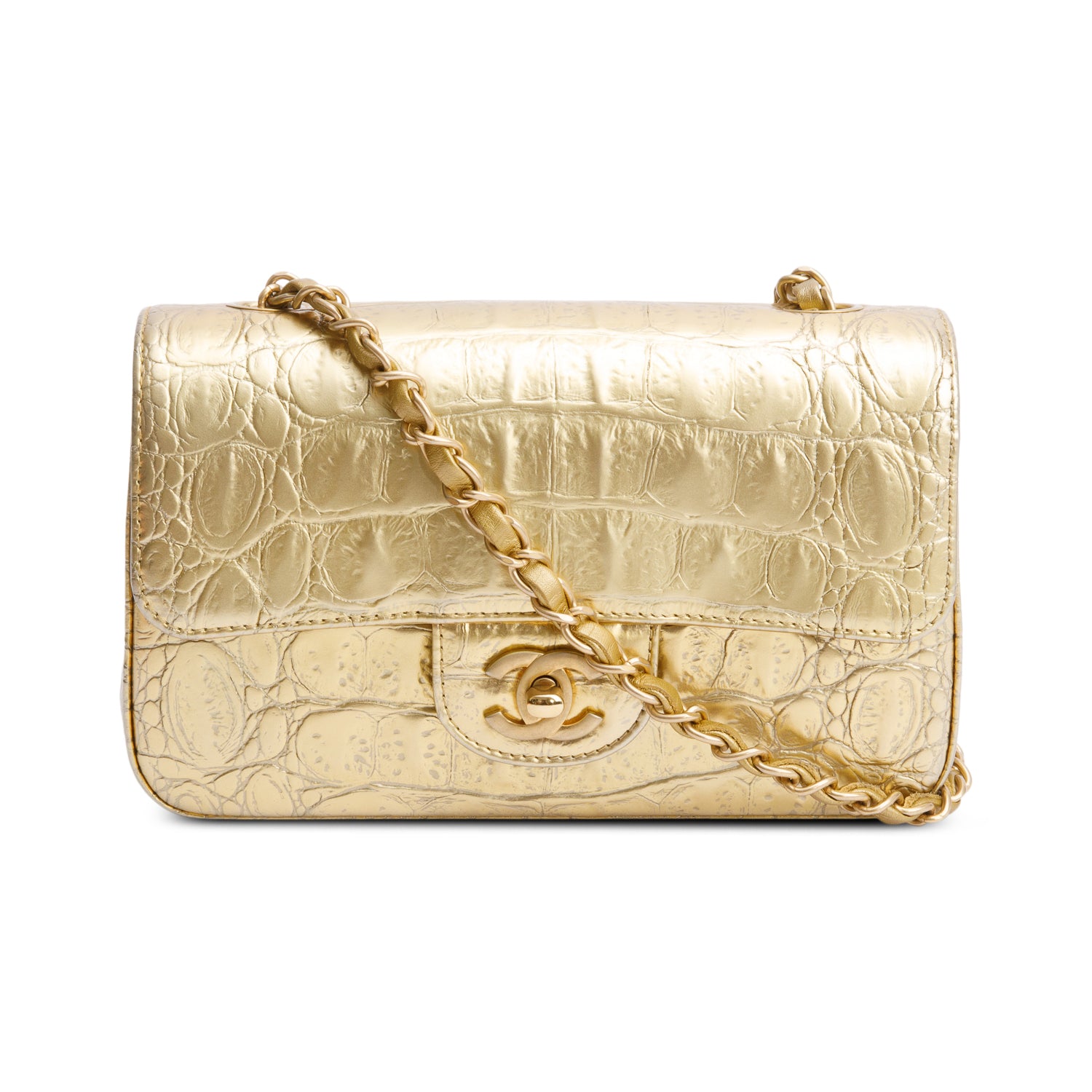 Chanel Metallic Gold Crocodile Embossed Calfskin Leather Classic Mini Rectangular Flap Bag w/ Box & Authenticity Card