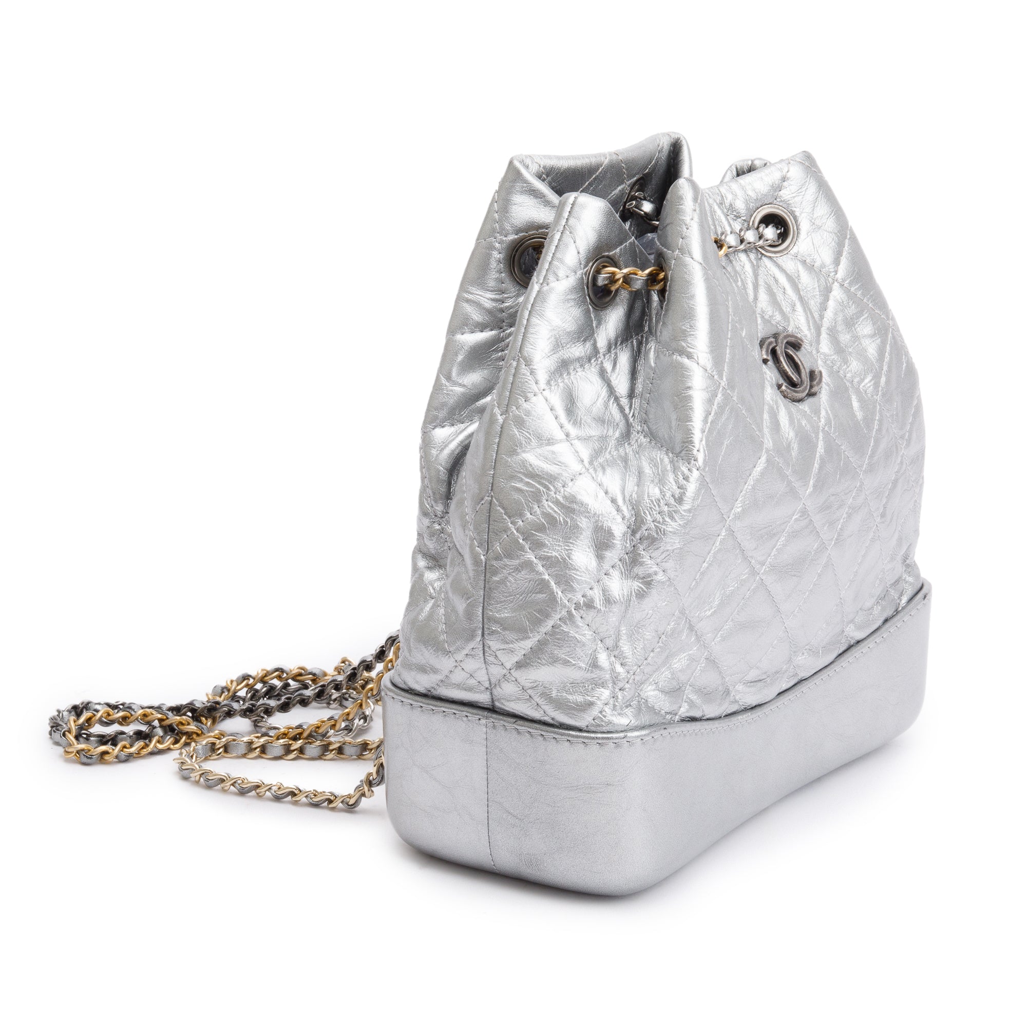Chanel Metallic Silver Aged Calfskin Leather Small Gabrielle Backpack w/ Authenticity Card