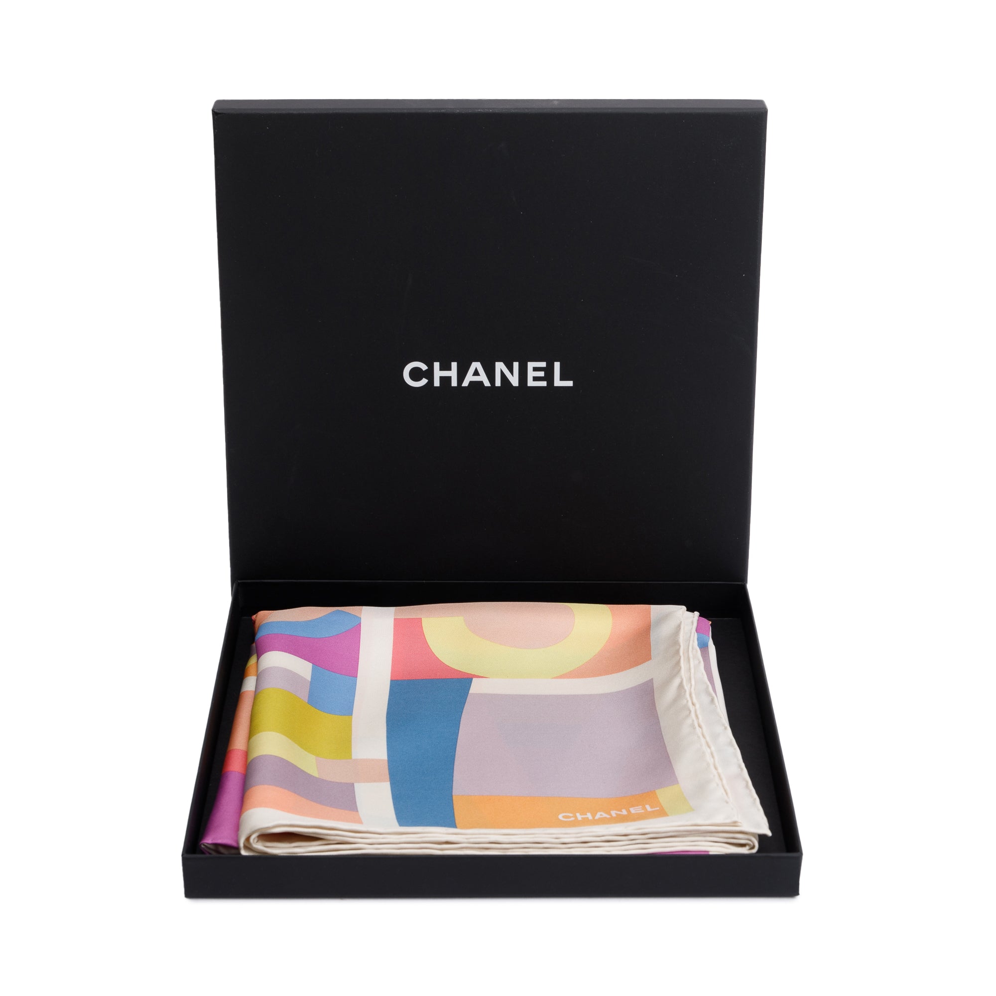 Chanel Multicolor Logo Print Silk Square Scarf w/ Box