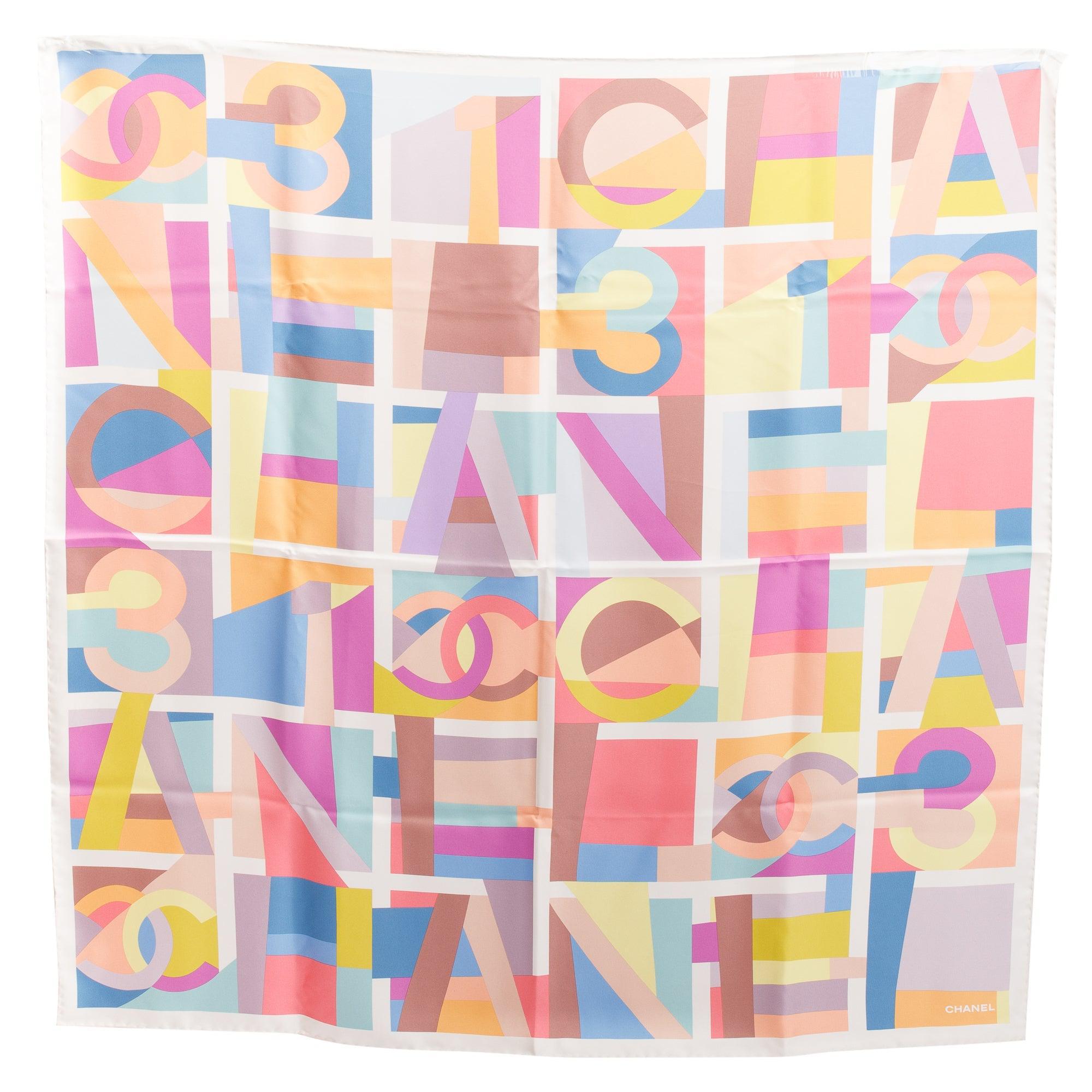 Chanel Multicolor Logo Print Silk Square Scarf w/ Box