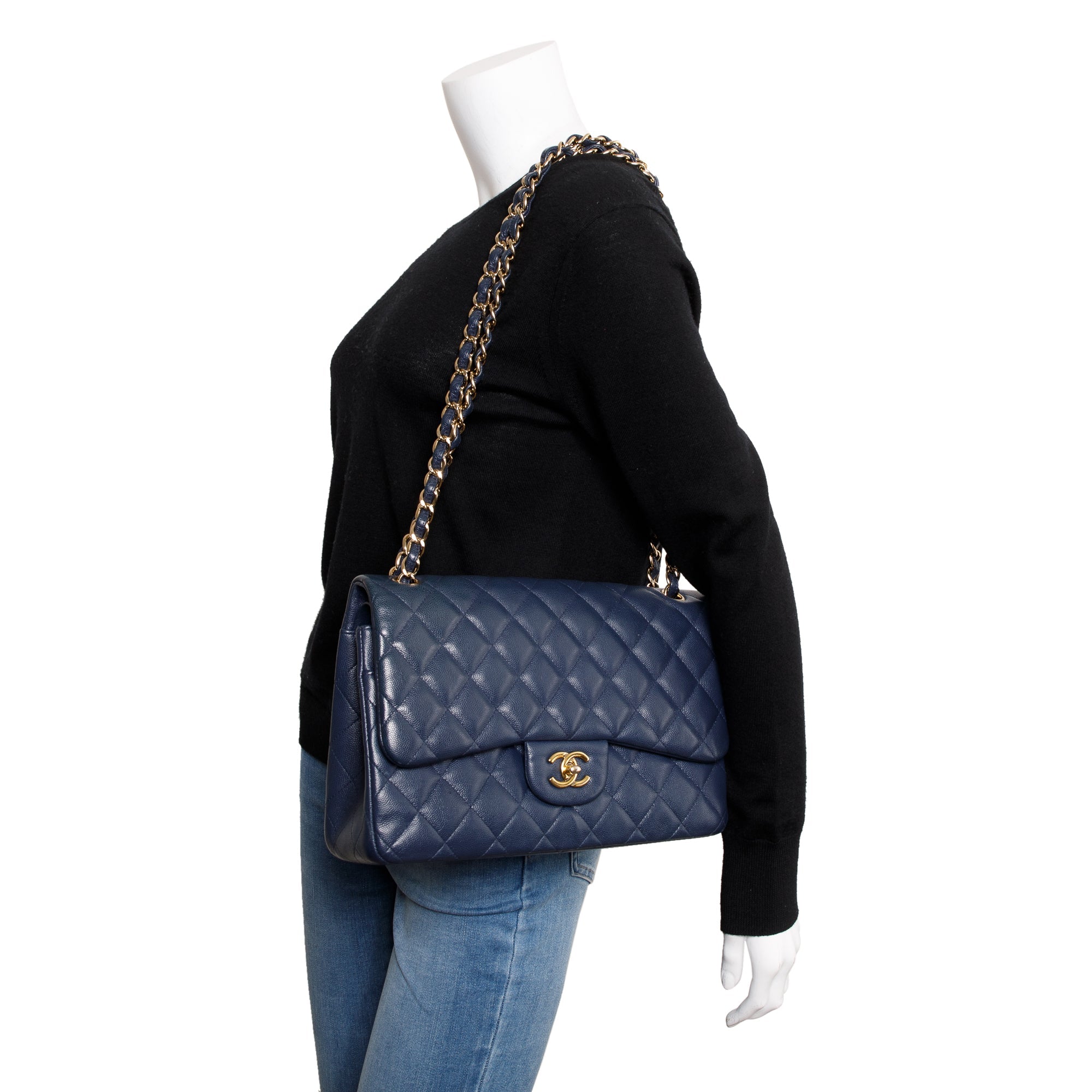 Chanel Navy Caviar Leather Classic Jumbo Double Flap Bag