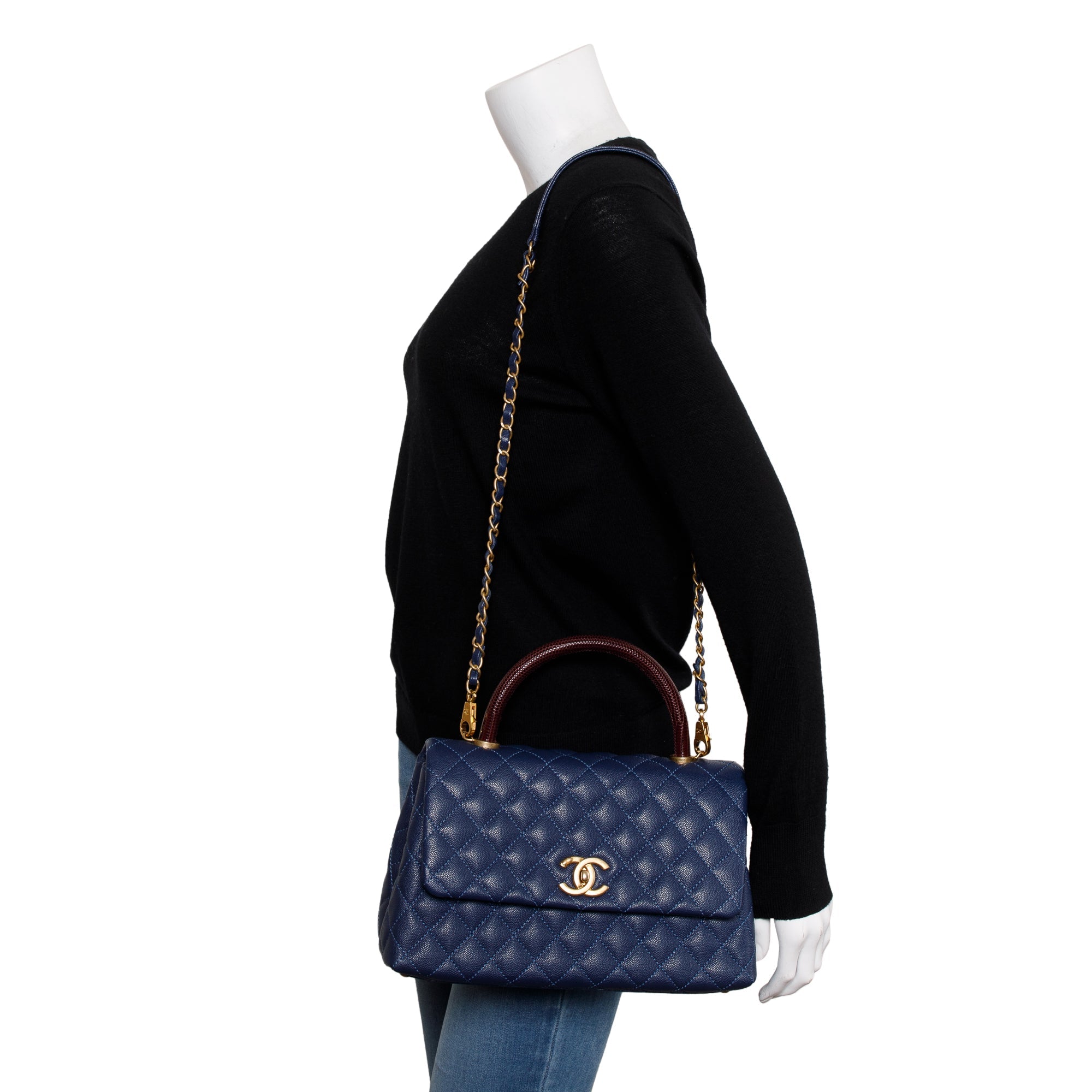 Chanel Navy Caviar Leather Lizard-Trimmed Small Coco Handle Bag w/ Box & Authenticity Card