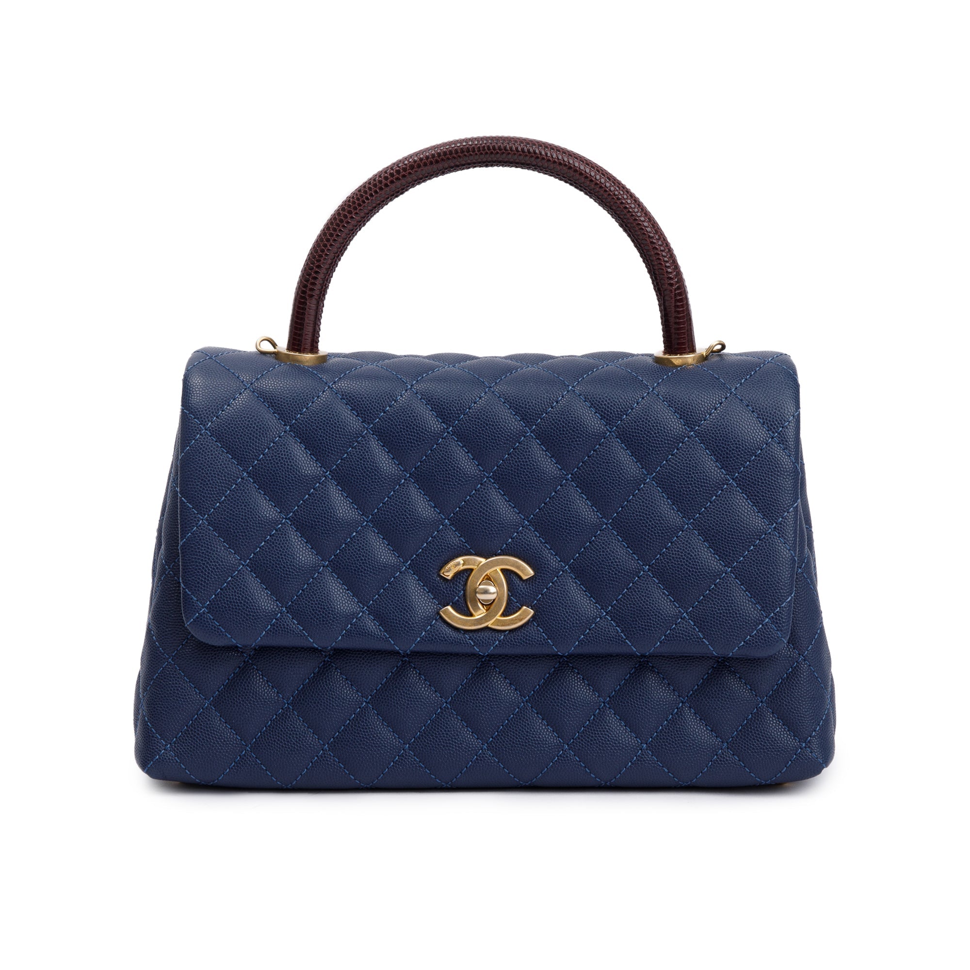 Chanel Navy Caviar Leather Lizard-Trimmed Small Coco Handle Bag w/ Box & Authenticity Card