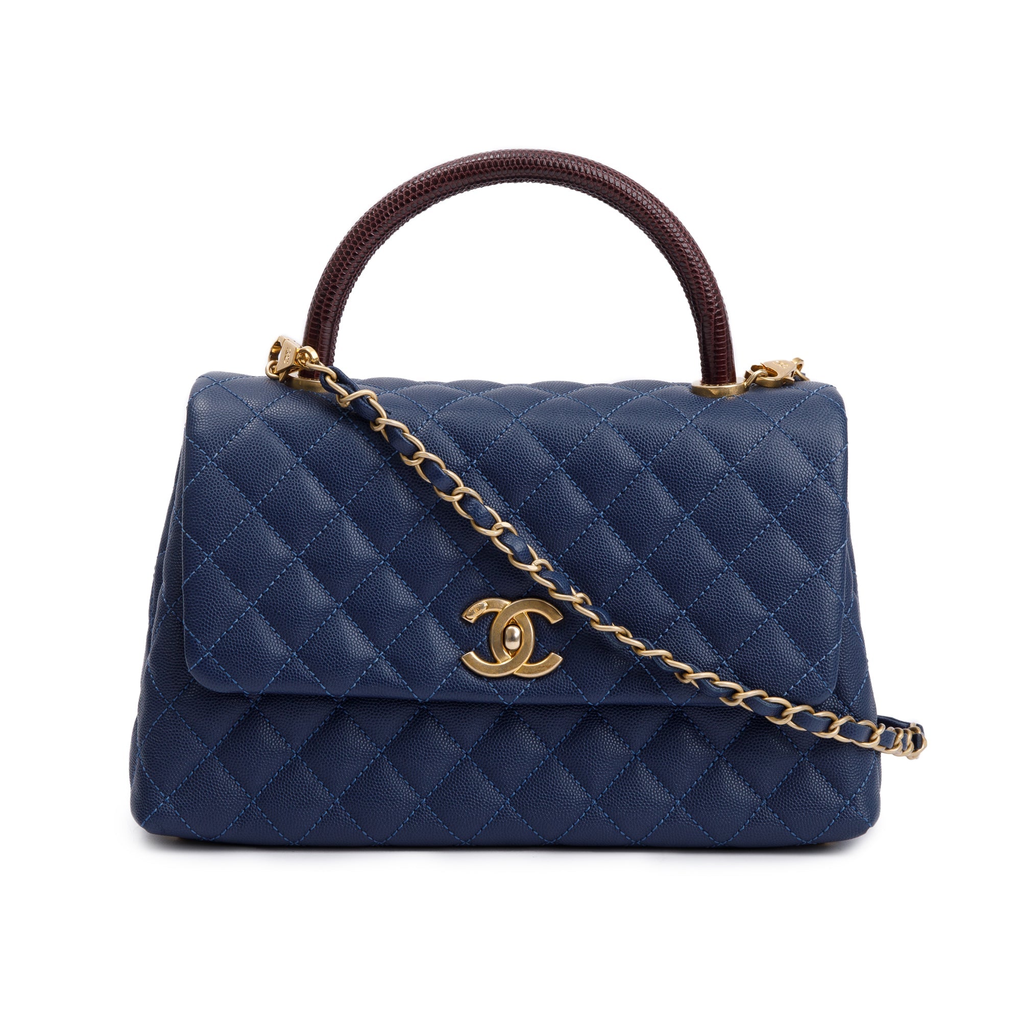 Chanel Navy Caviar Leather Lizard-Trimmed Small Coco Handle Bag w/ Box & Authenticity Card