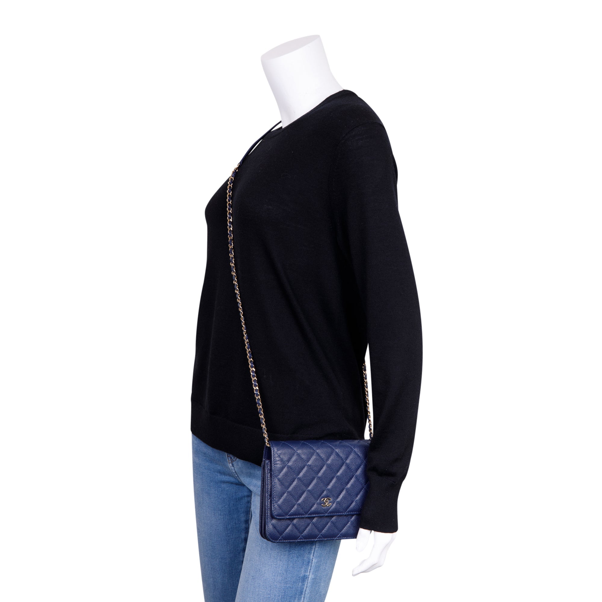 Chanel Navy Caviar Quilted Square Wallet on Chain w/ Box & Authenticity Card