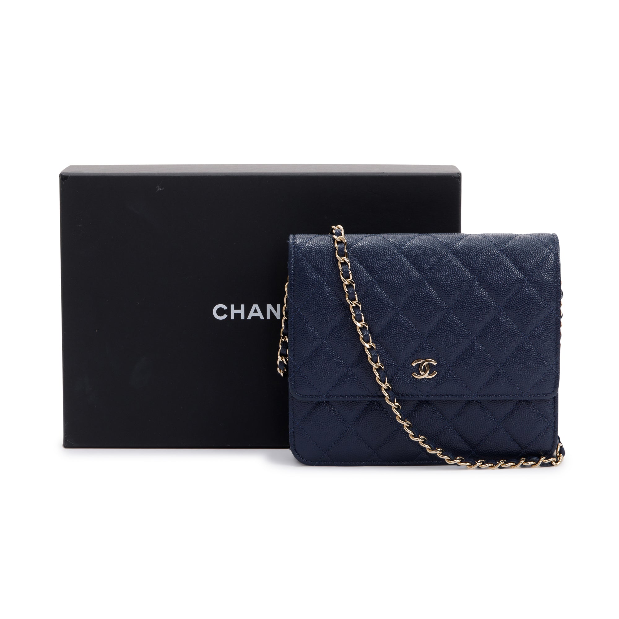 Chanel Navy Caviar Quilted Square Wallet on Chain w/ Box & Authenticity Card