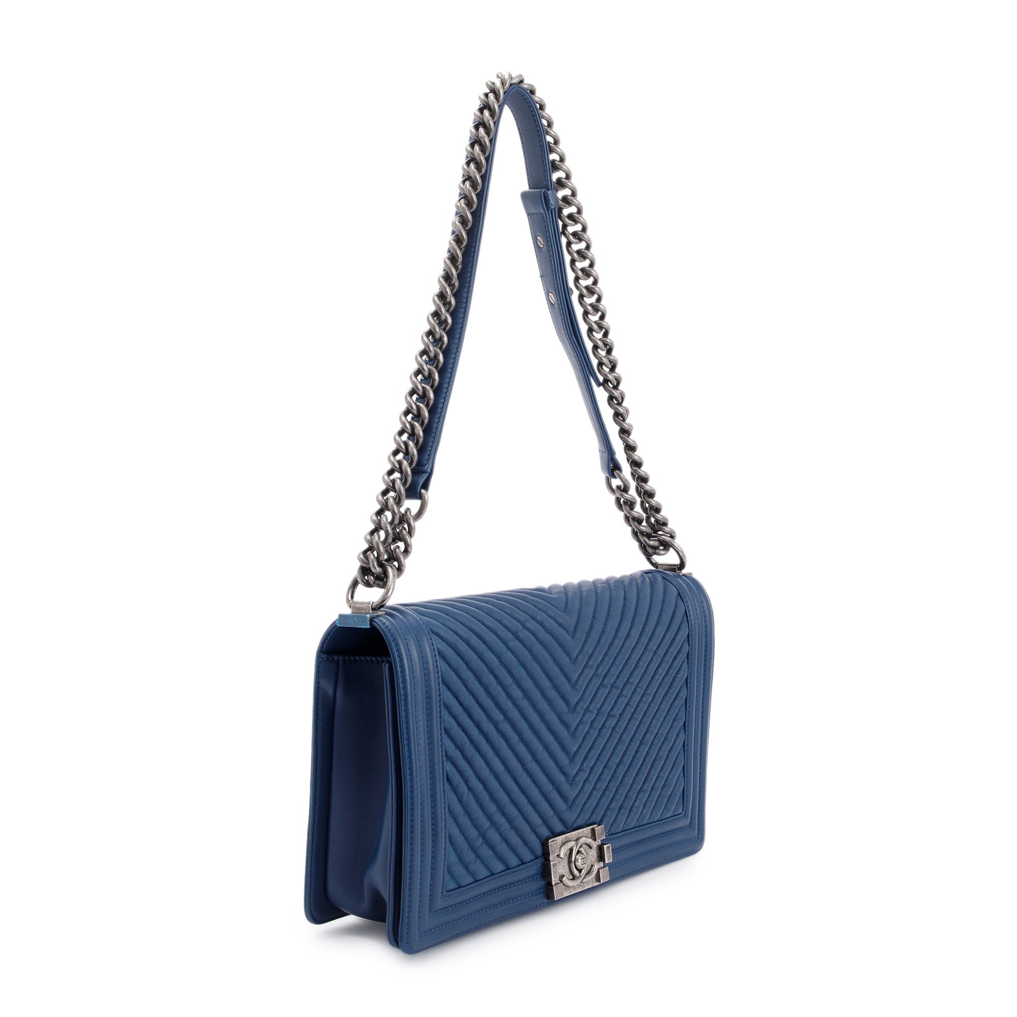 Chanel Navy Chevron Large Boy Bag