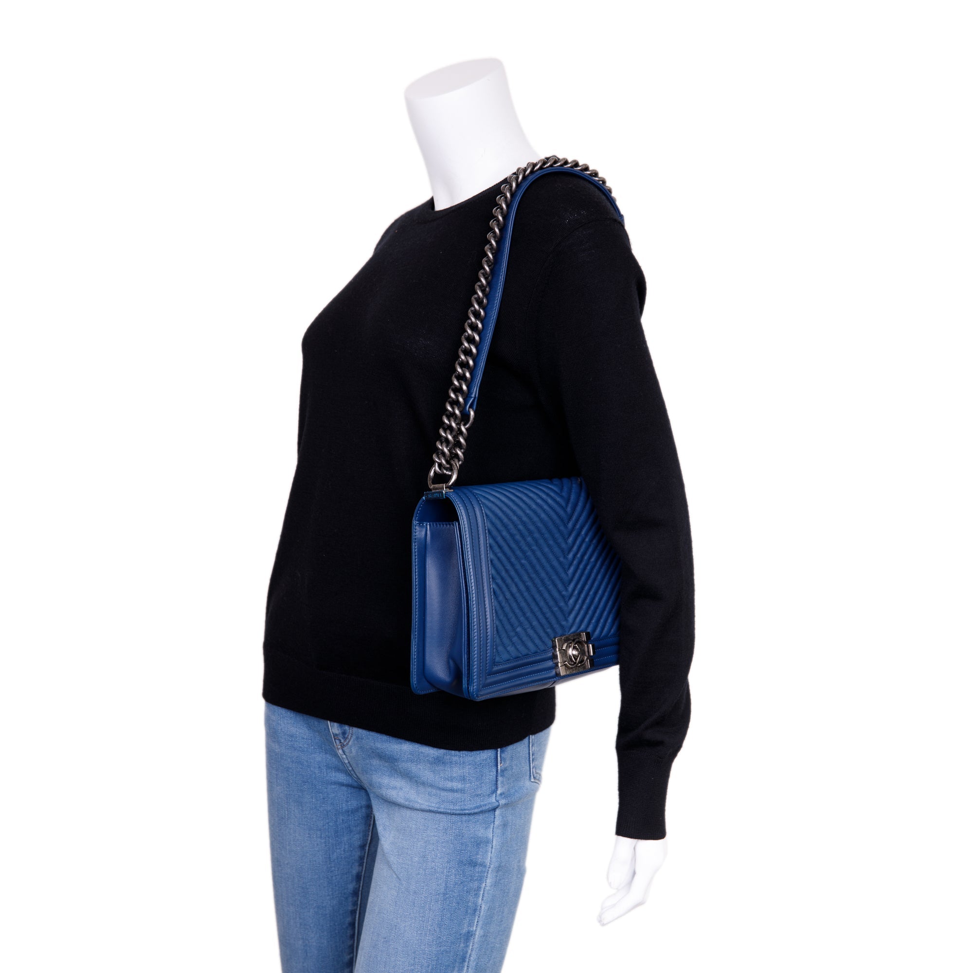 Chanel Navy Chevron Large Boy Bag
