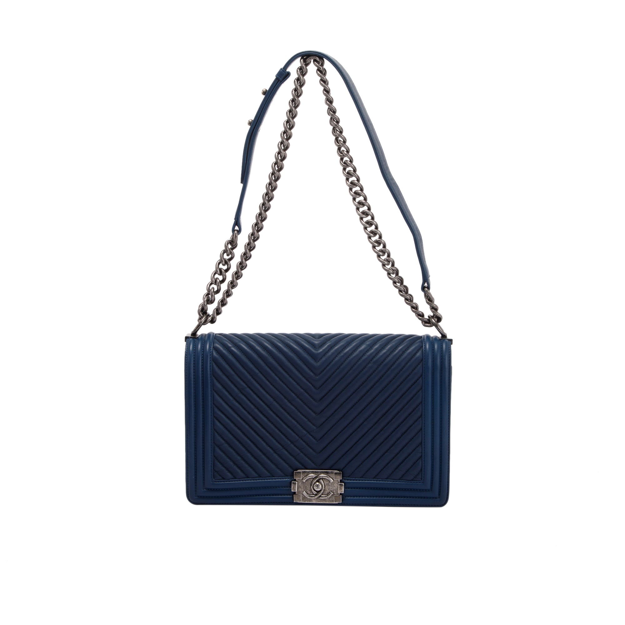 Chanel Navy Chevron Large Boy Bag w/ Authenticity Card