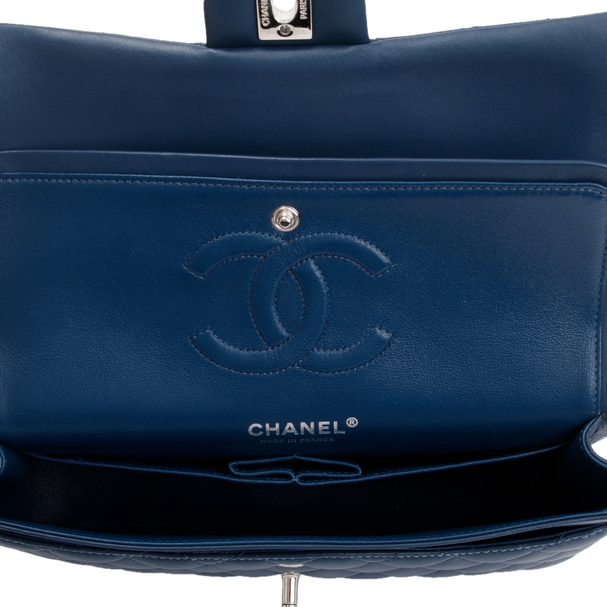 Chanel Navy Lambskin Leather Classic Medium Double Flap Bag w/ Box & Authenticity Card