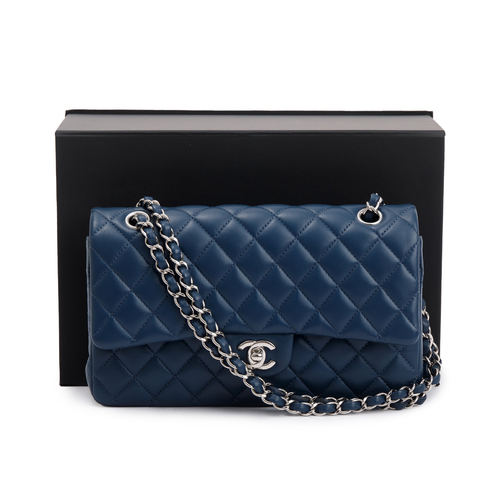 Chanel Navy Lambskin Leather Classic Medium Double Flap Bag w/ Box & Authenticity Card