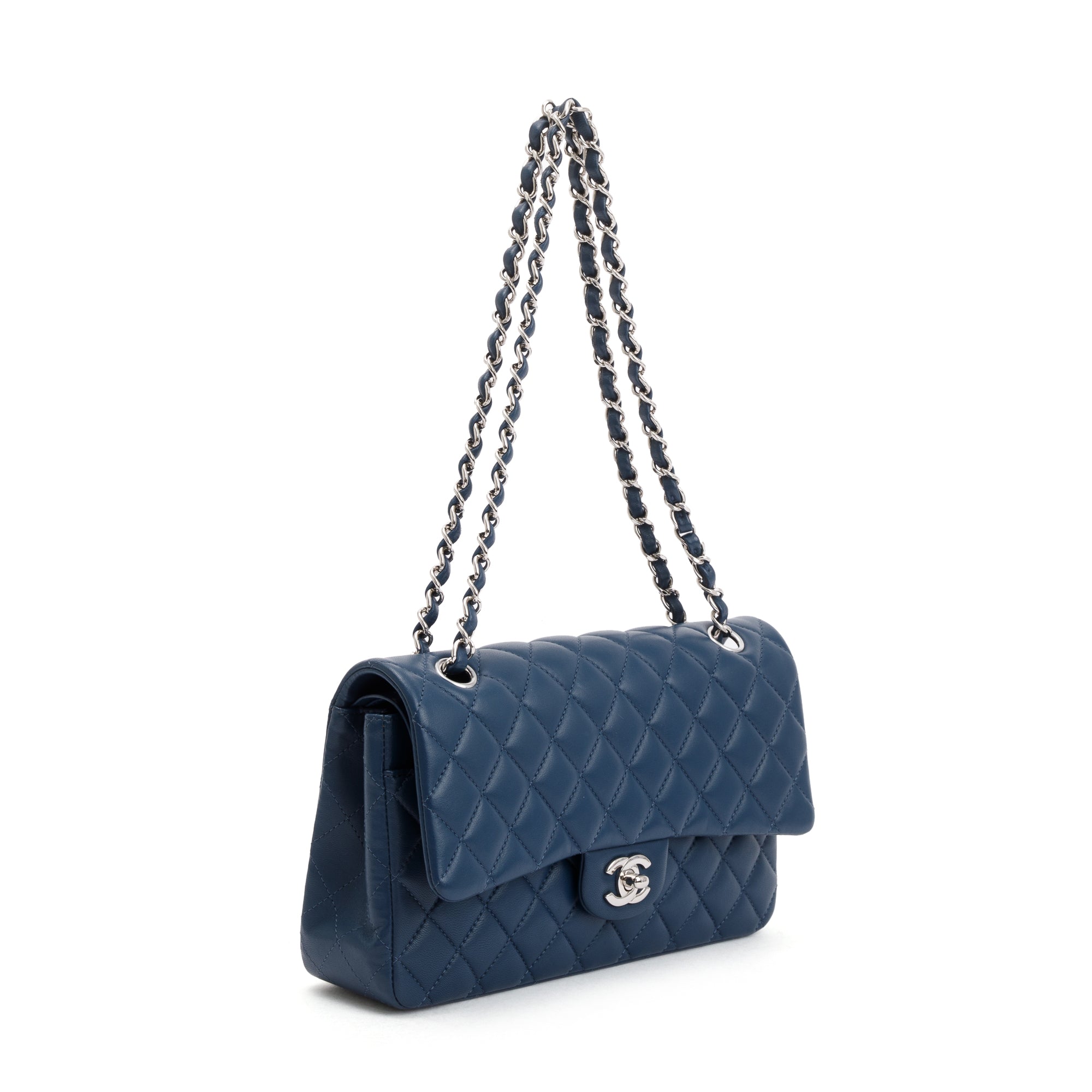 Chanel Navy Lambskin Leather Classic Medium Double Flap Bag w/ Box & Authenticity Card