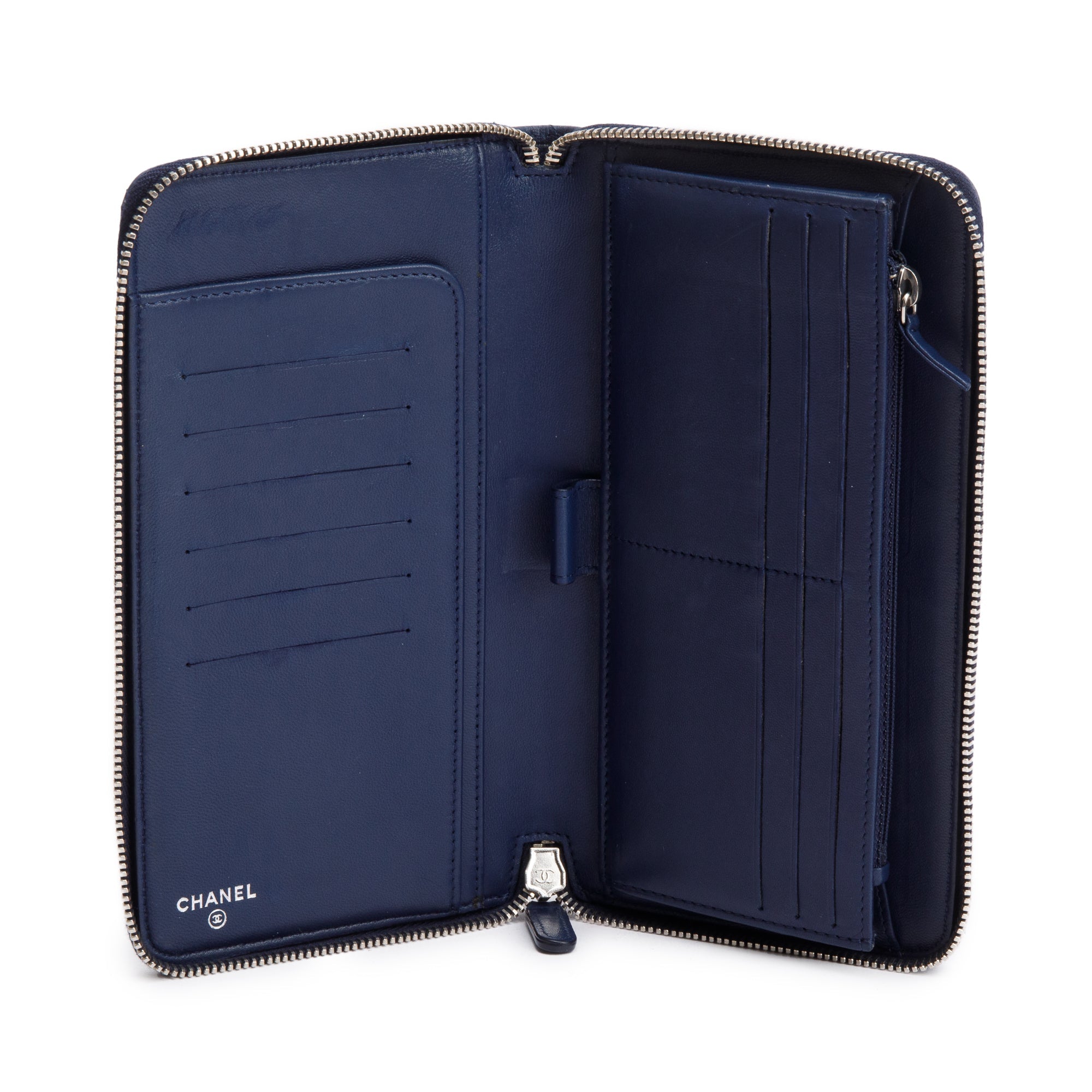 Chanel Navy Lambskin Leather Large Zip Around Organizer Wallet w/ Receipt & Authenticity Card