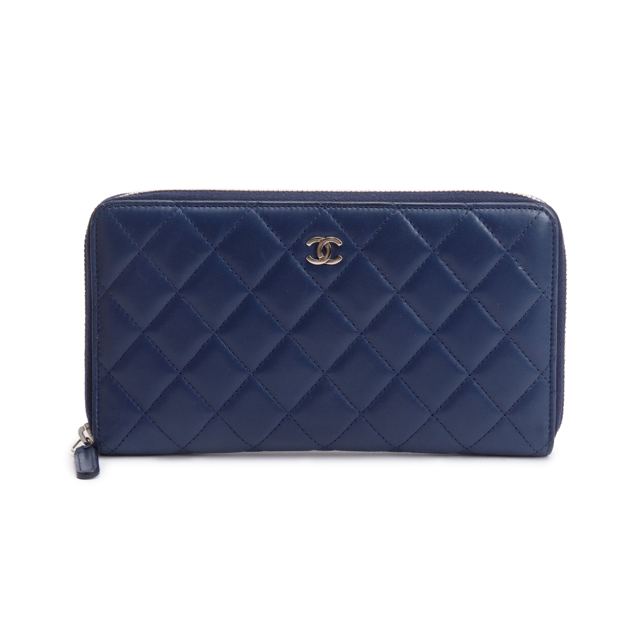 Chanel Navy Lambskin Leather Large Zip Around Organizer Wallet w/ Receipt & Authenticity Card
