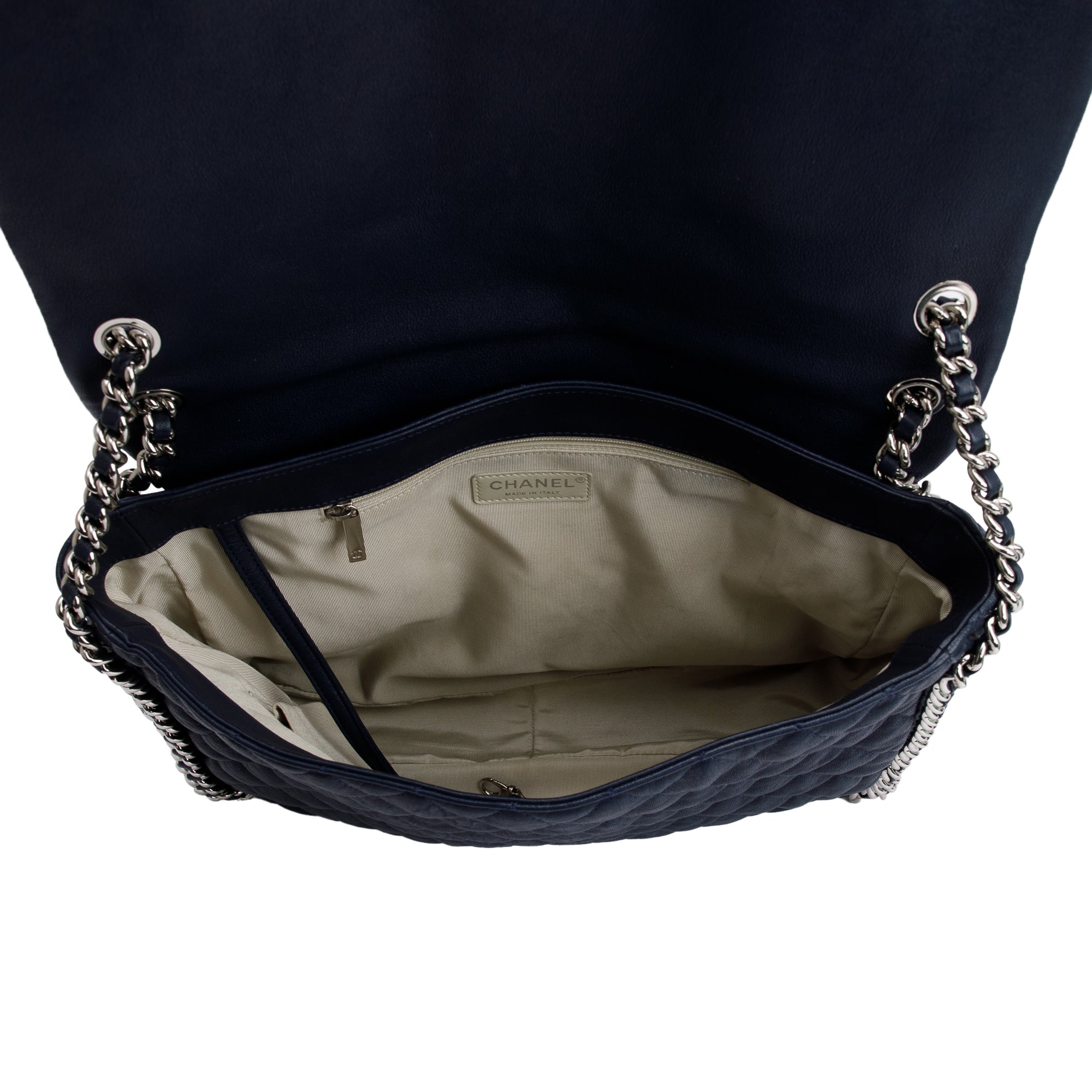 Chanel Navy Quilted Calfskin Leather Maxi Chain Around Flap Bag w/ Authenticity Card