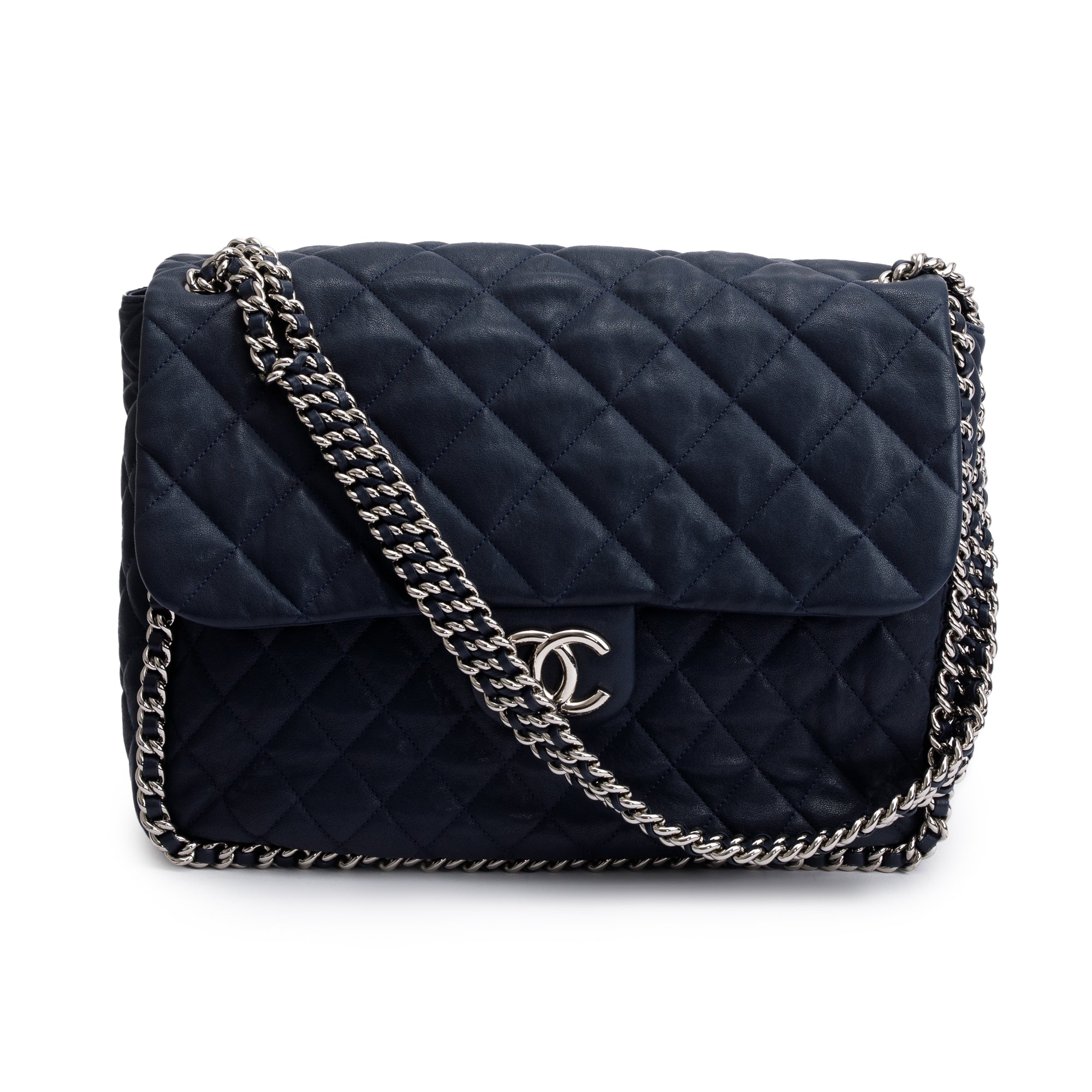Chanel Navy Quilted Calfskin Leather Maxi Chain Around Flap Bag w/ Authenticity Card