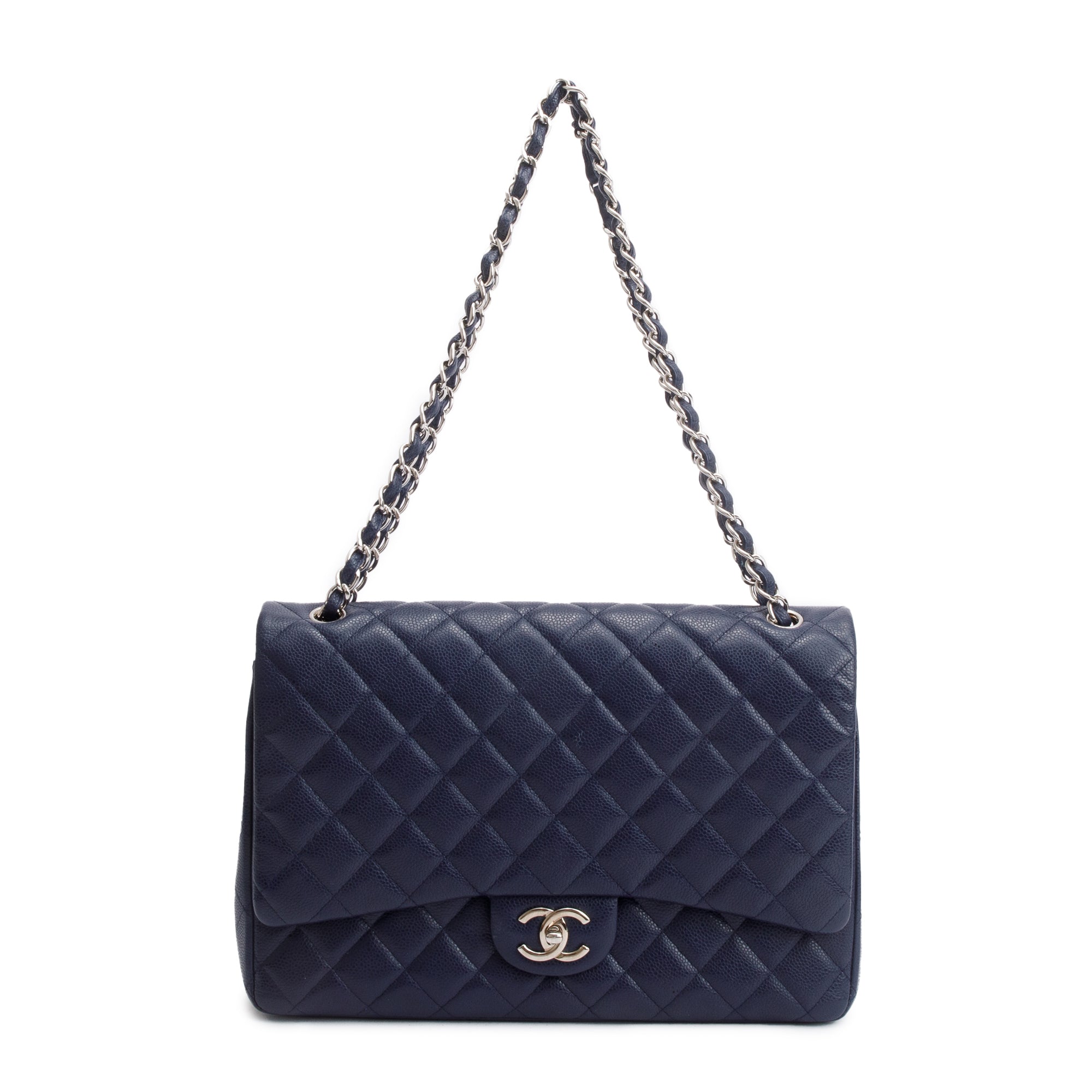 Chanel Navy Quilted Caviar Leather Classic Maxi Double Flap Bag w/ Box