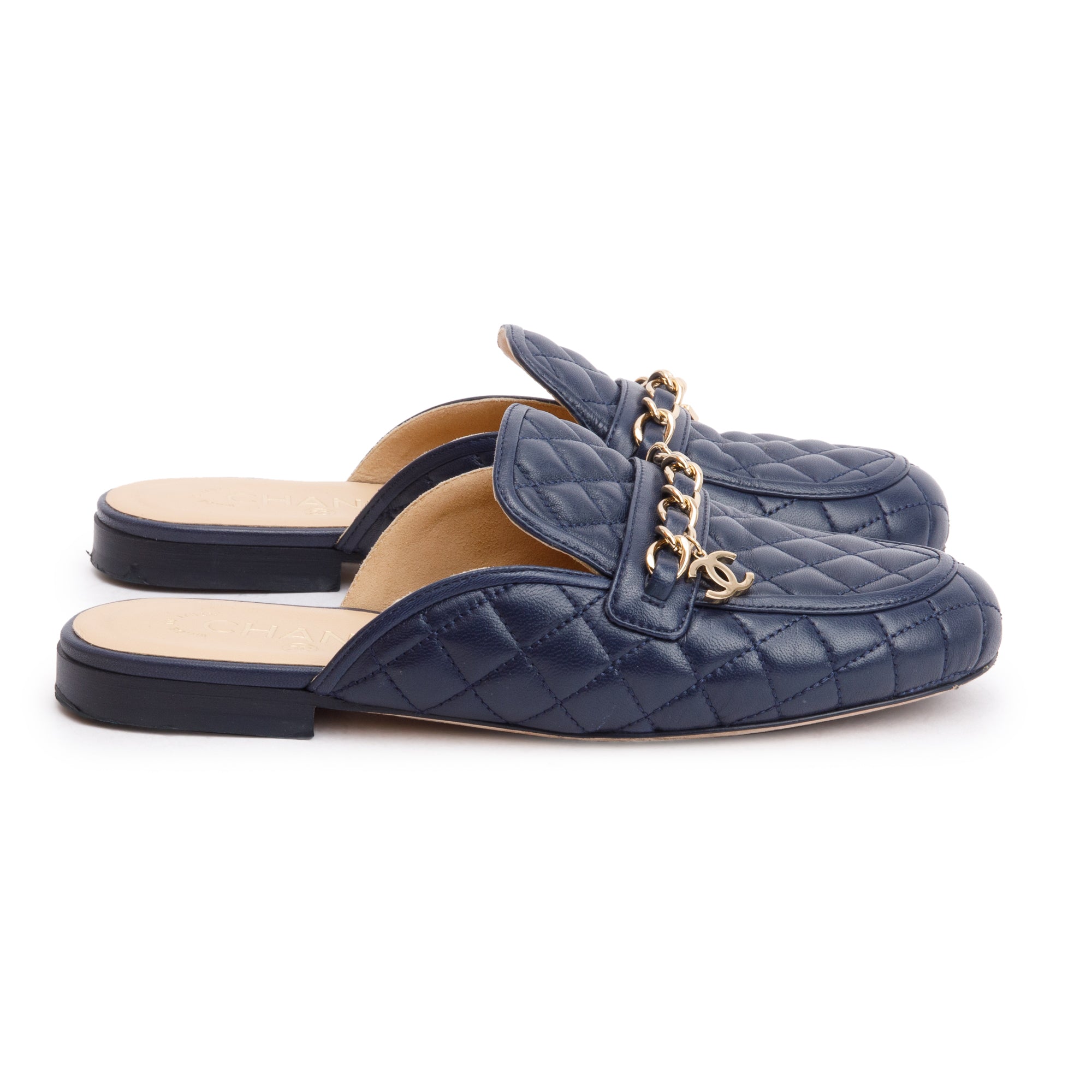 Chanel Navy Quilted Lambskin Leather Interlocking CC Logo Chain Accent Mules, Size 35.5 w/ Box